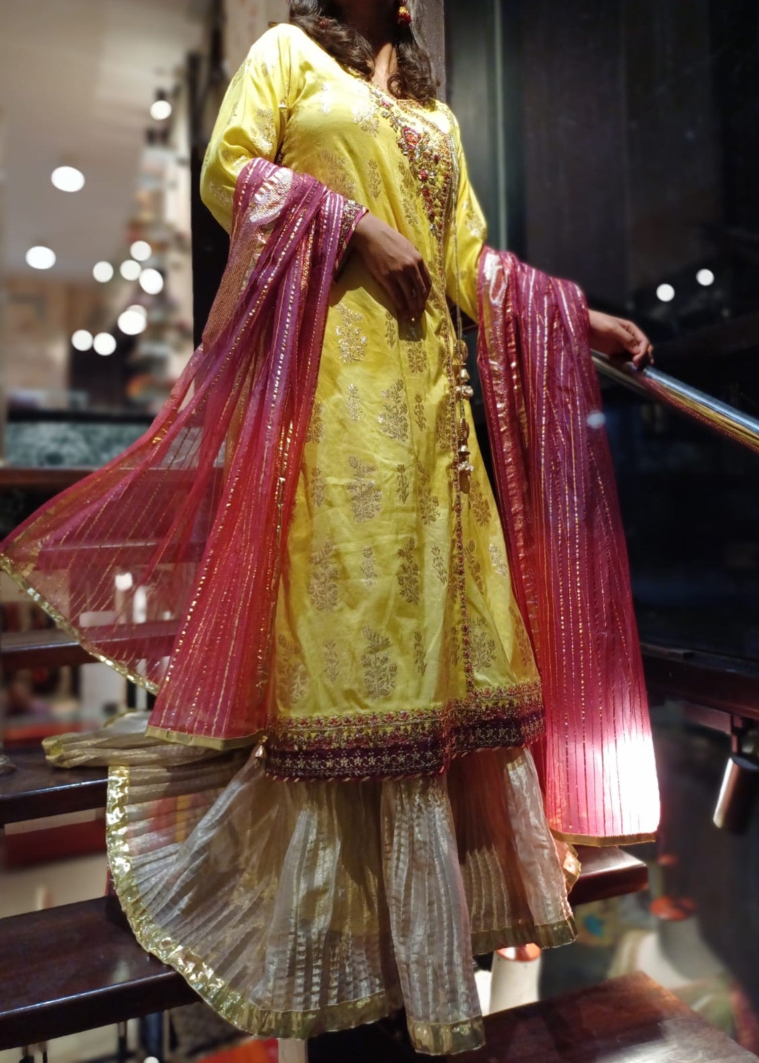 cotton jacquard Angrakha in Yellow