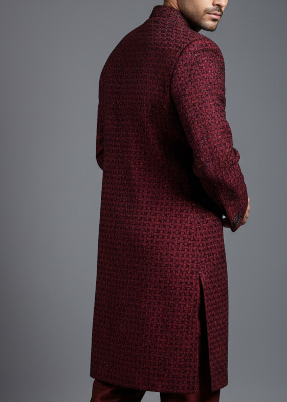 jamawar Sherwani in Black, maroon