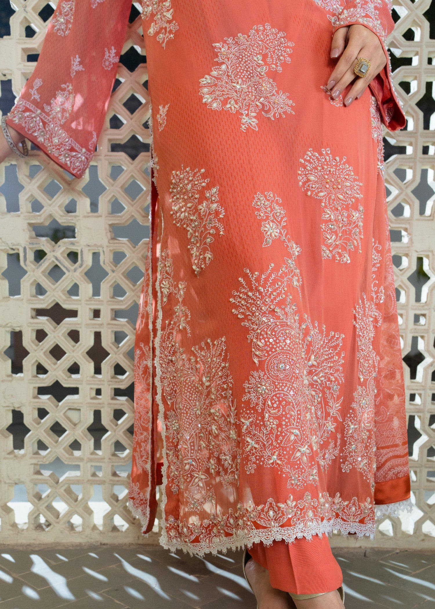 crinkle chiffon Unstitched in Salmon