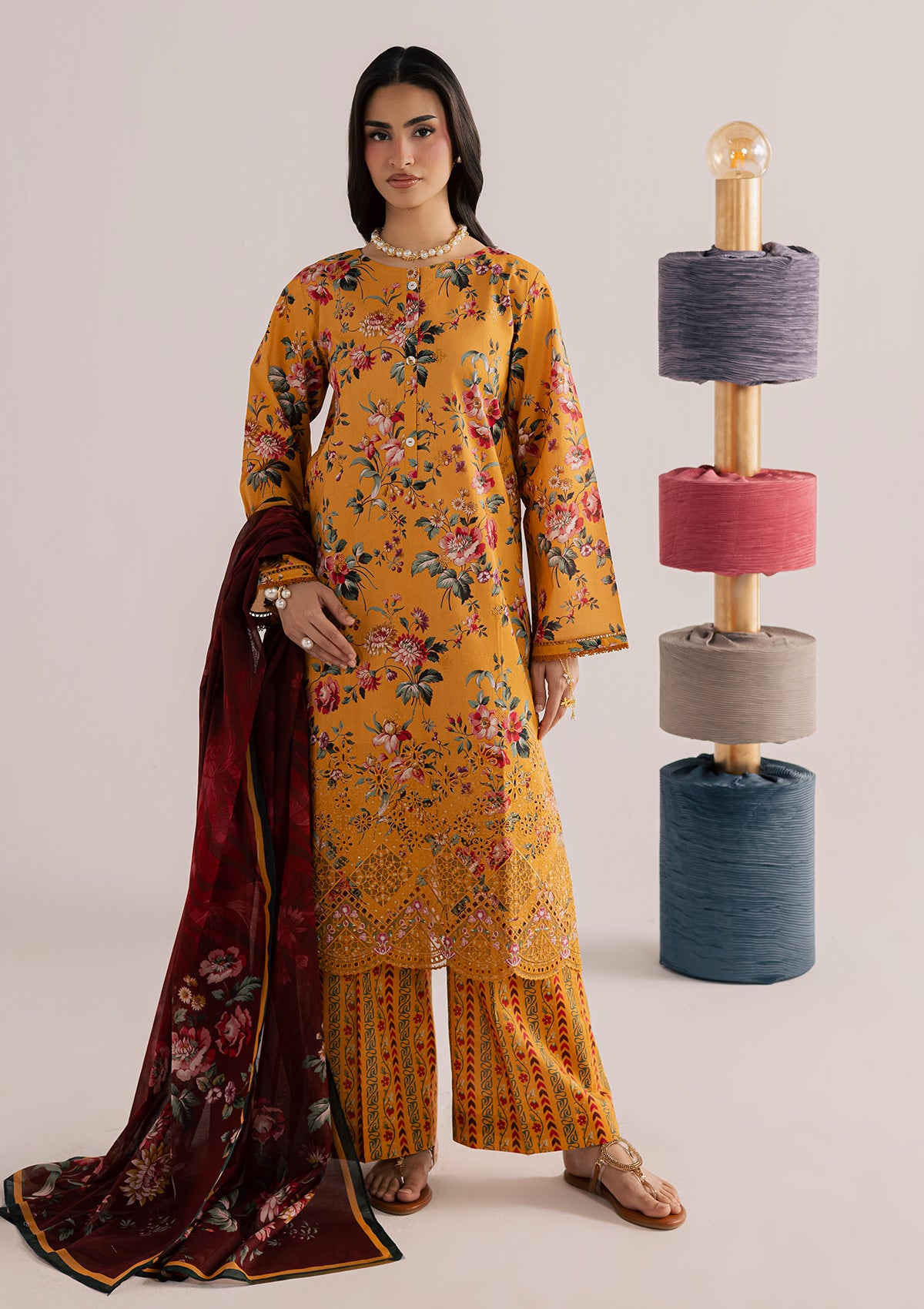 lawn Kurta Set in Yellow-orange