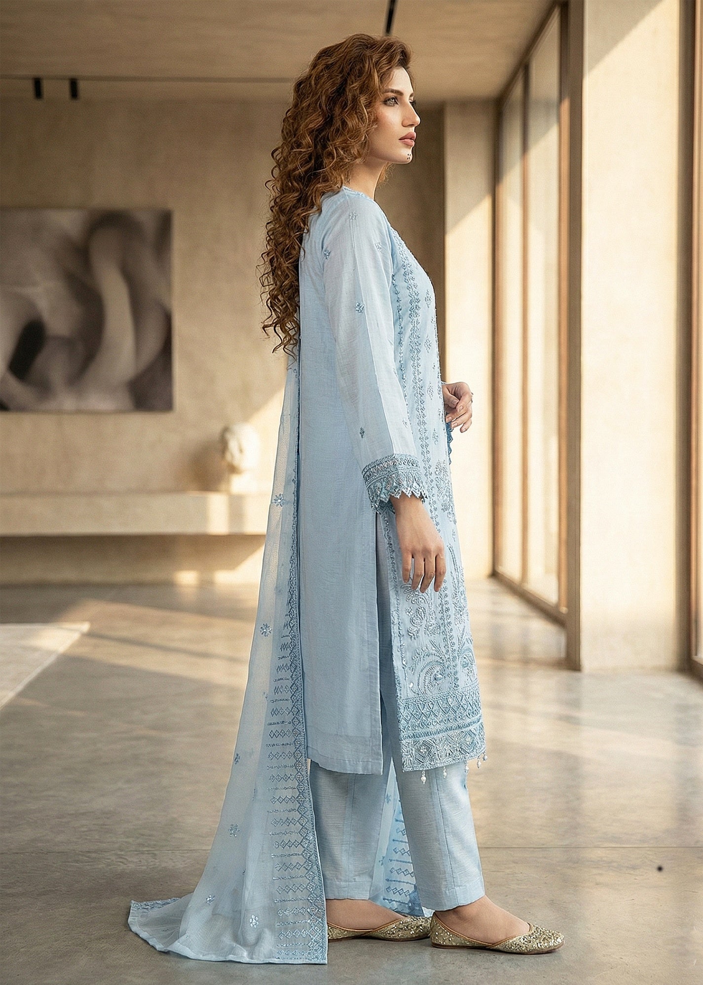 chiffon Kurta Set in Frost blue