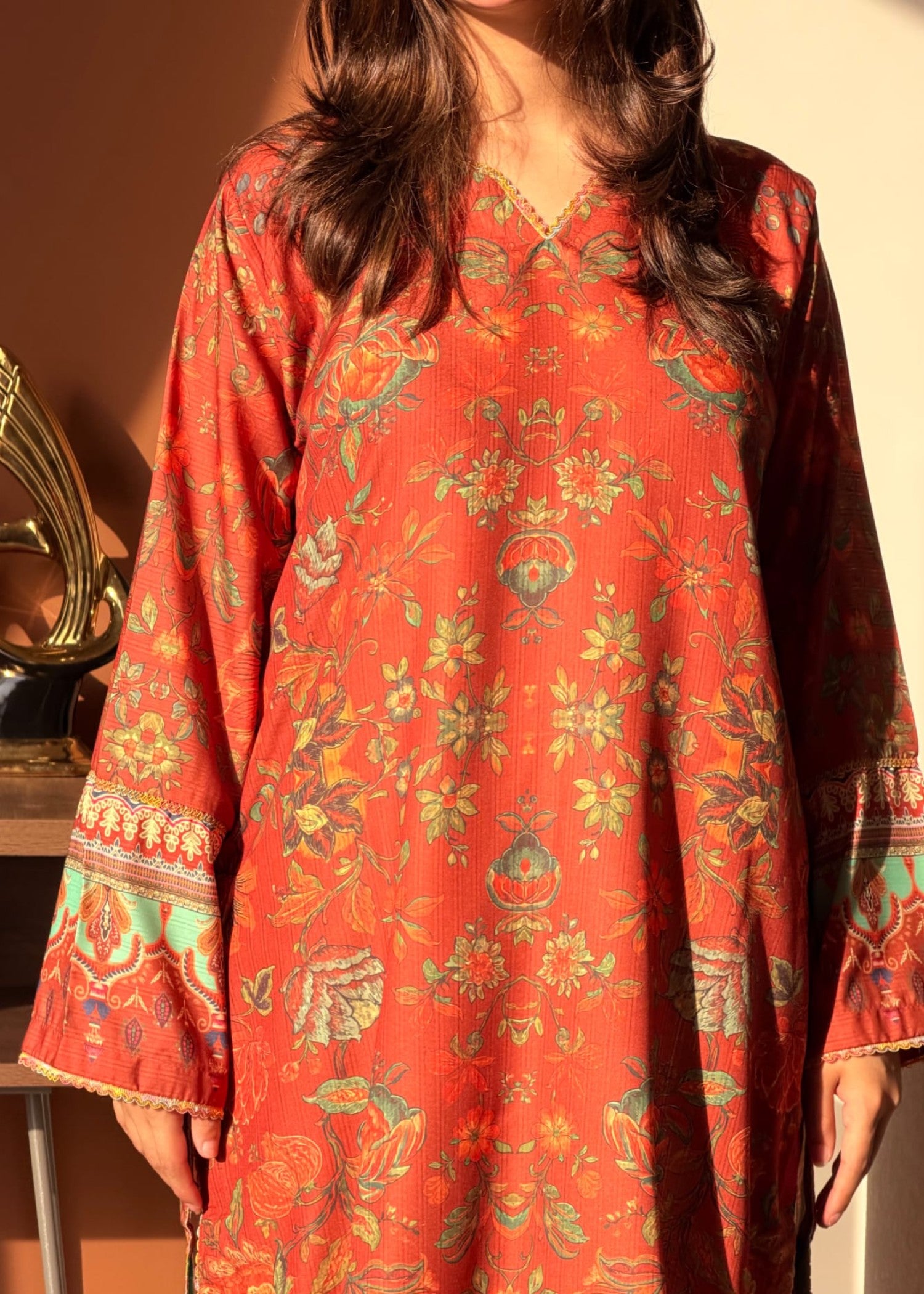 dobby Kurta Set in Coral red