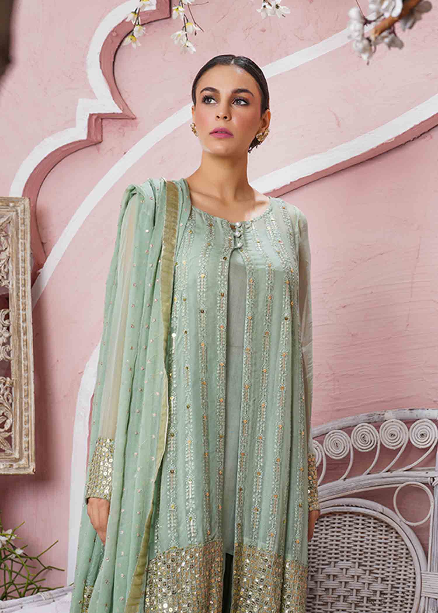 chikankari cotton Gown in Mint green