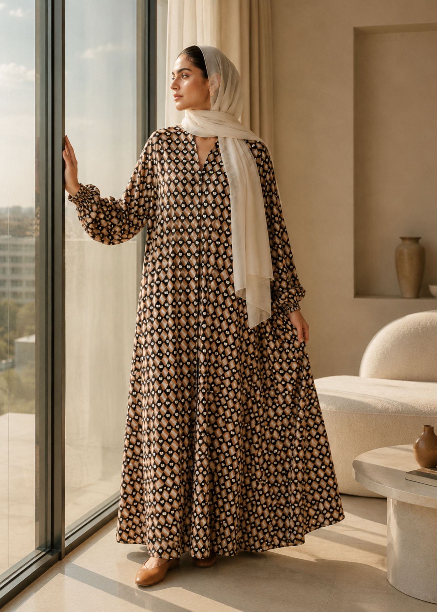 lawn Abaya in Camel brown