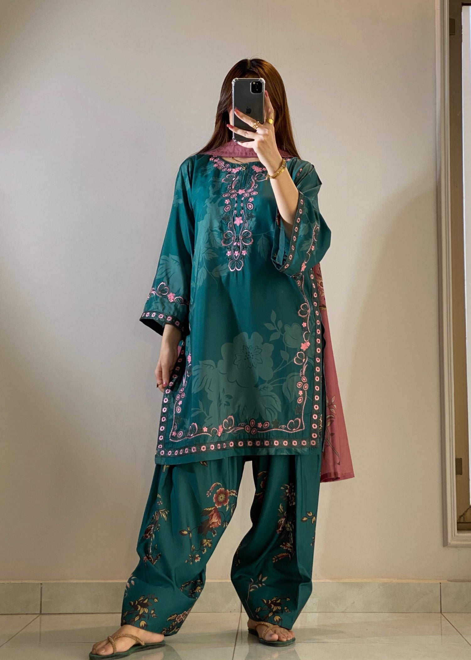 poly lawn Kurta Set in Bottle green