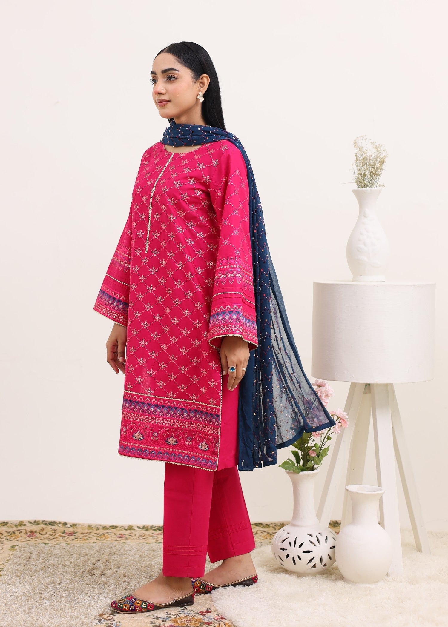 cotton Kurta Set in Deep pink