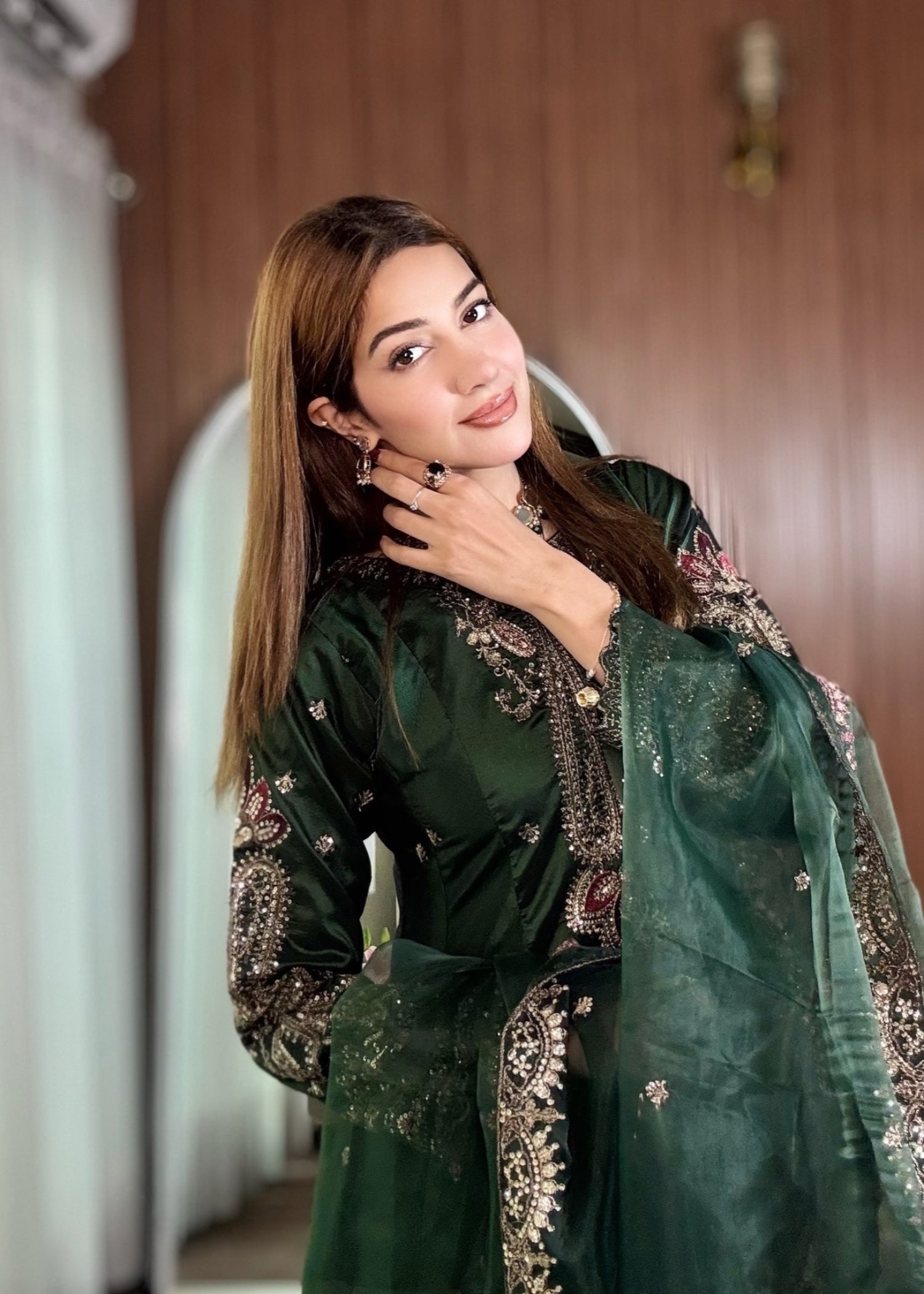 silk Pishwas in Bottle green