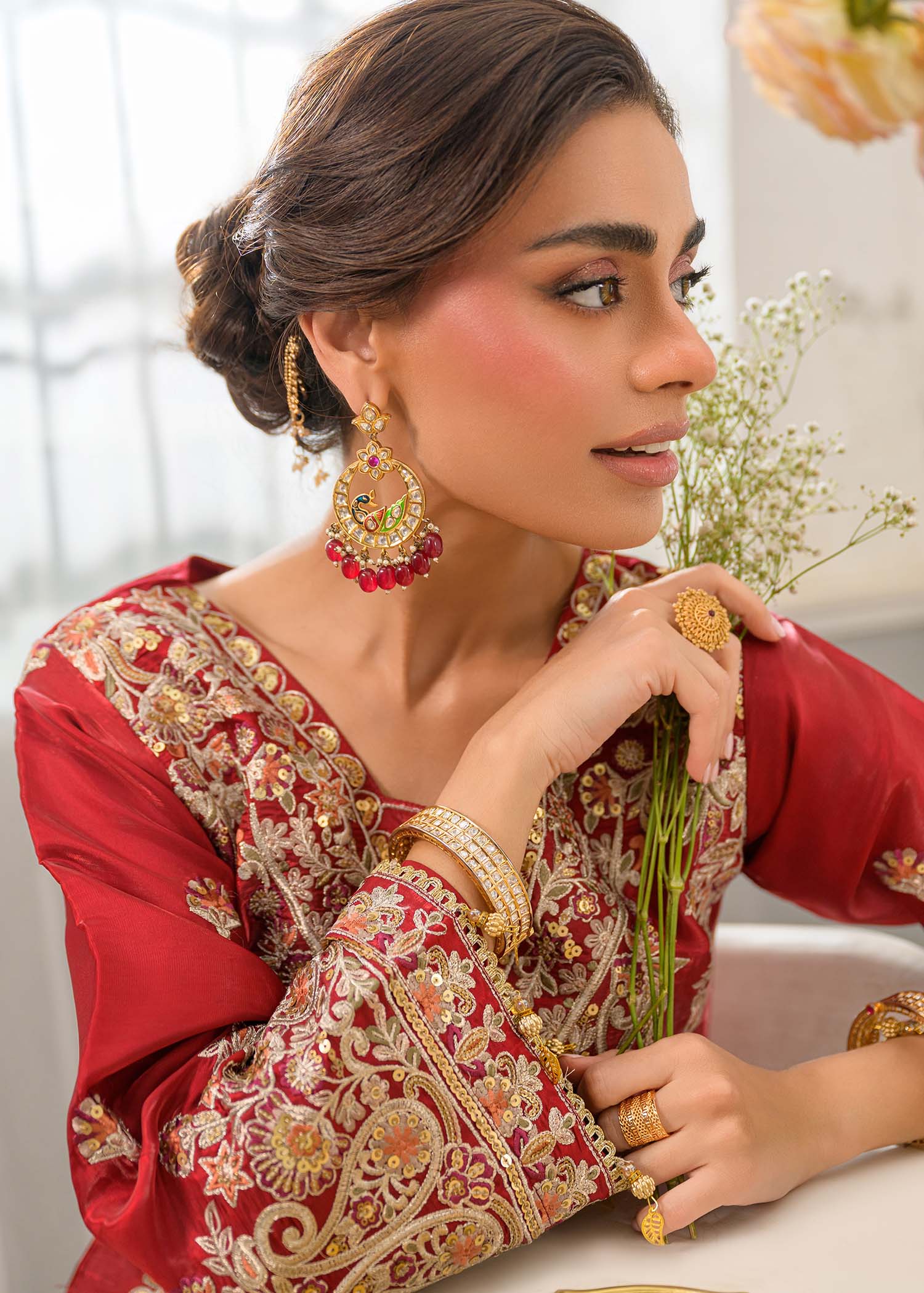 silk charmeuse Kurta Set in Crimson