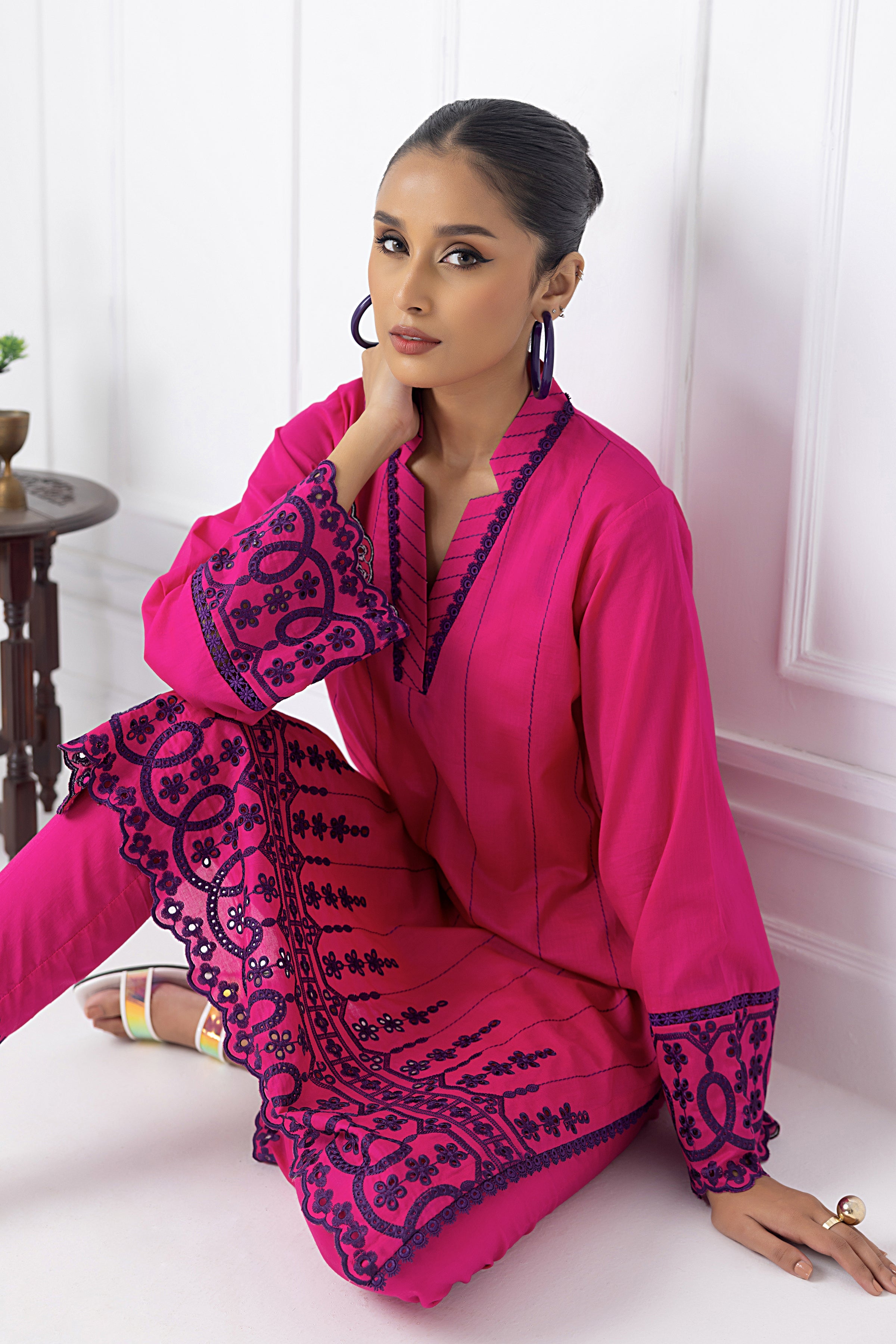 cambric Kurta Set in Magenta