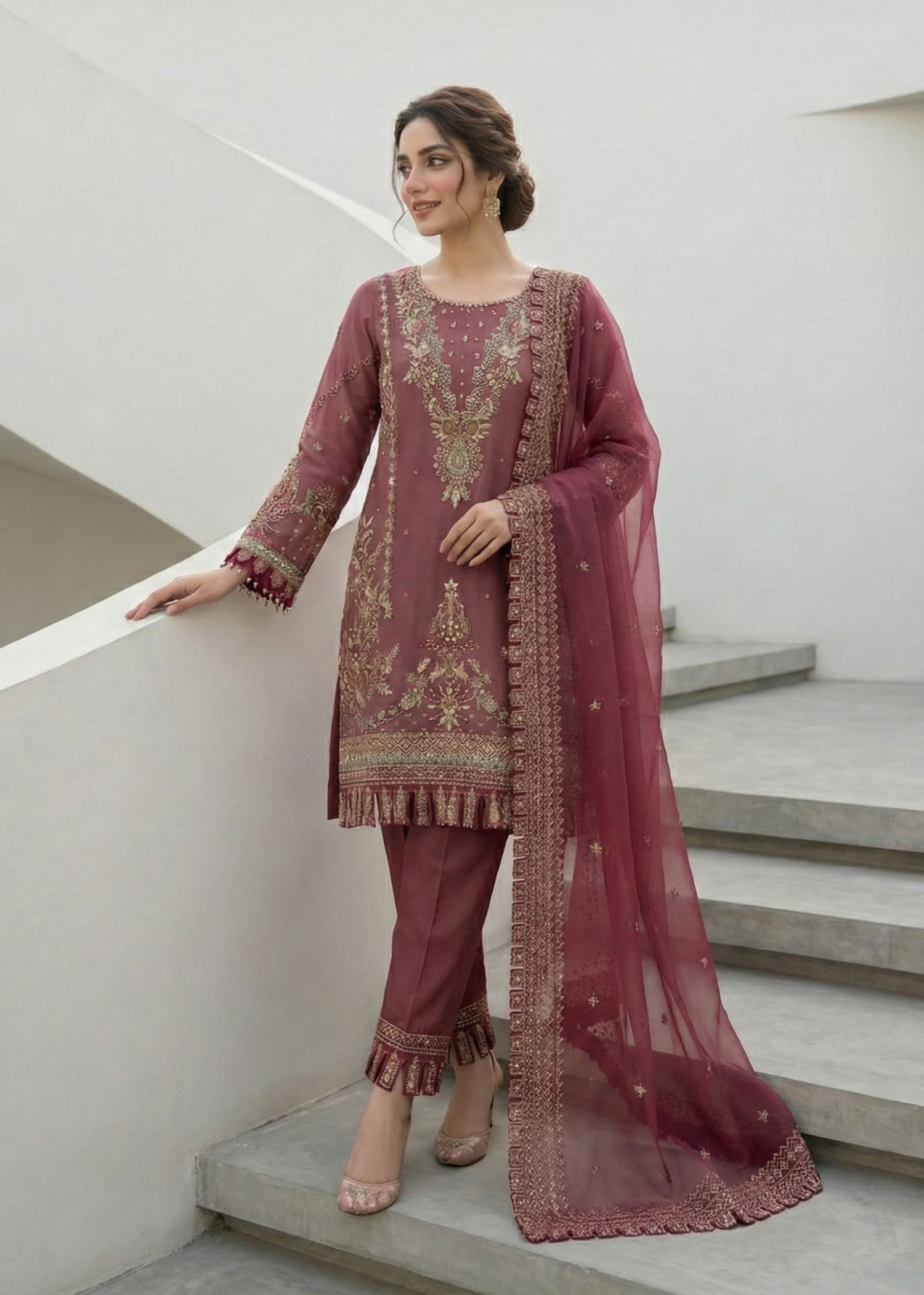organza Kurta Set in Mauve pink