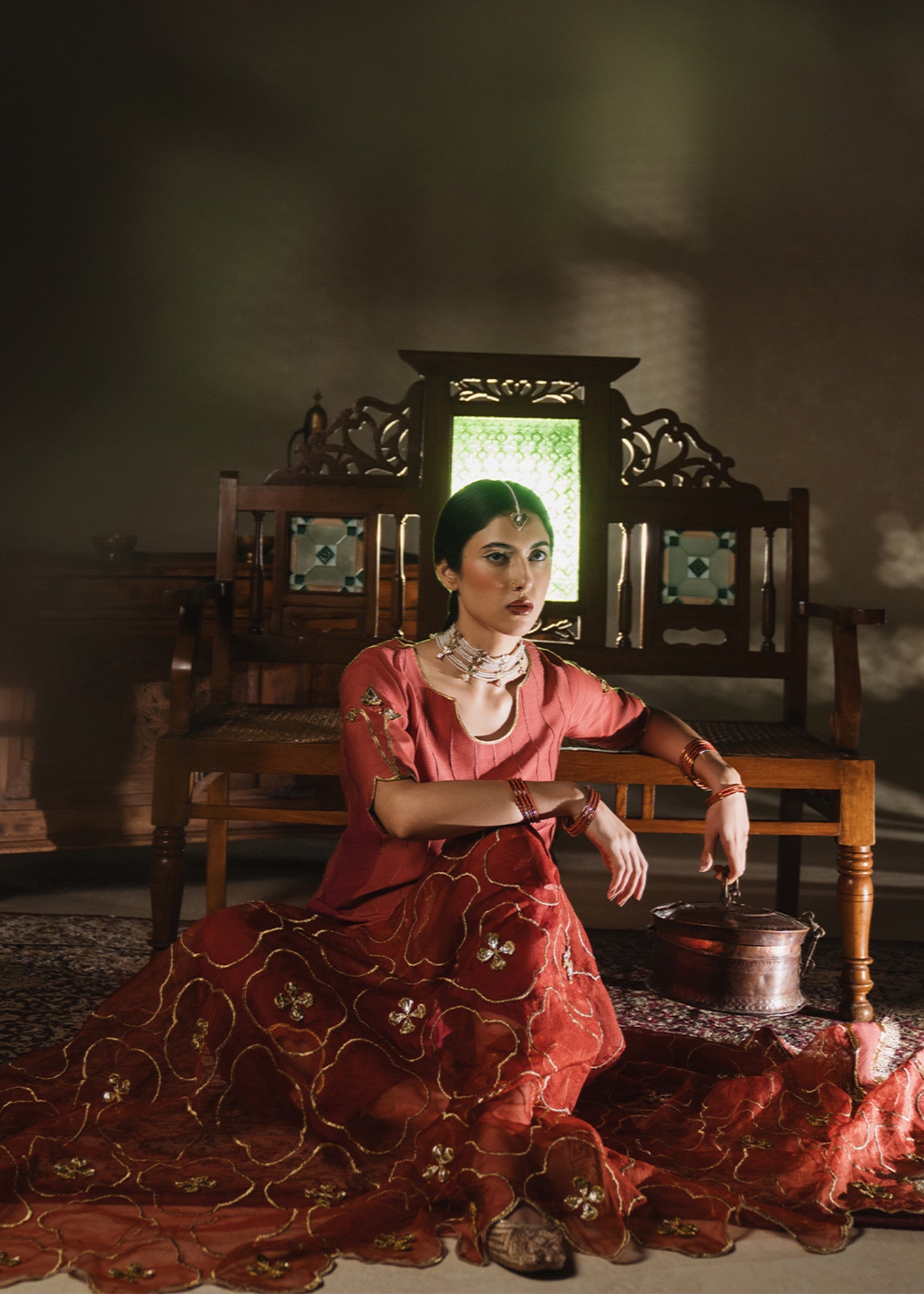 raw silk Kurta Set in Coral red