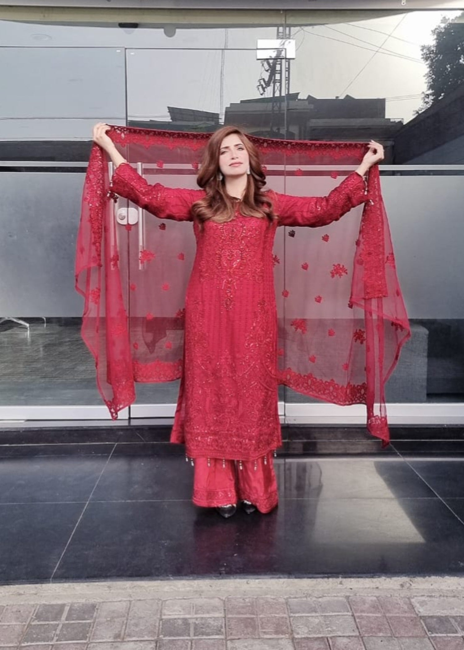 net Kurta Set in Blood red