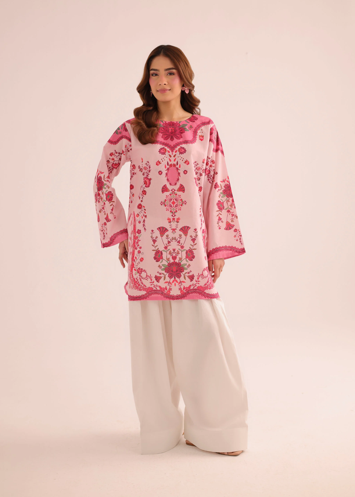 poly lawn Kurti in Raspberry pink