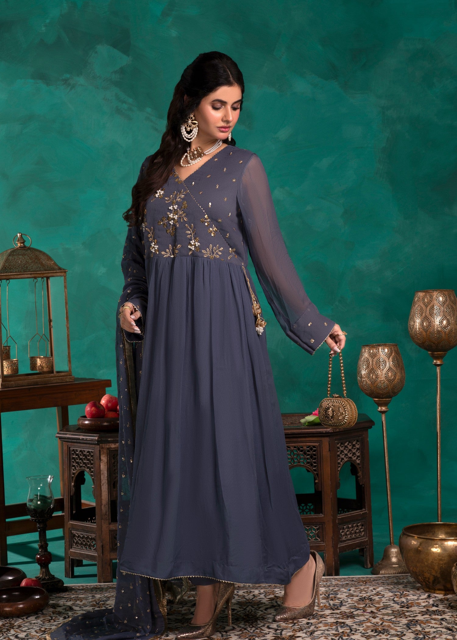 chiffon Angrakha in Slate grey