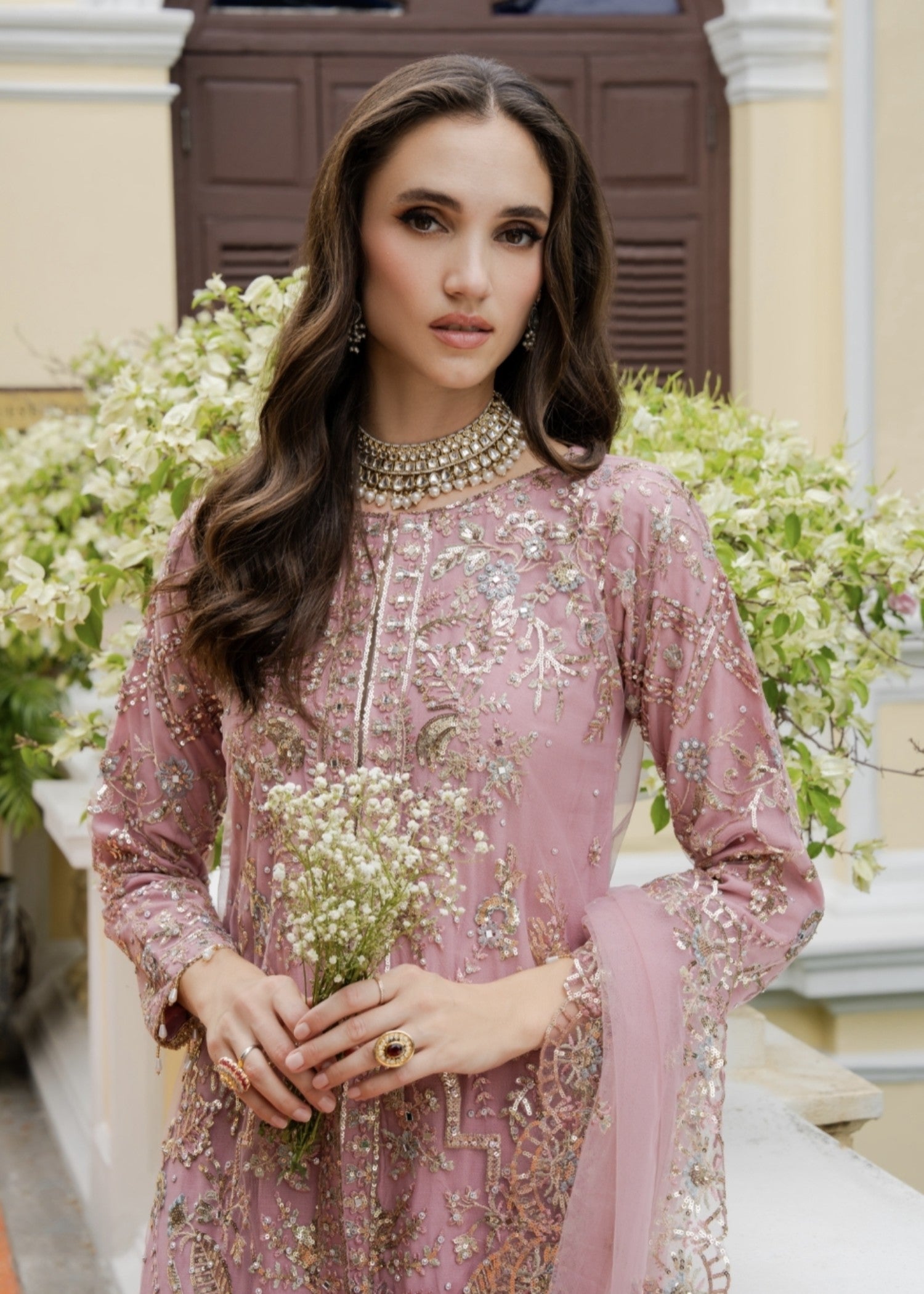 net Lehenga in Tea rose pink
