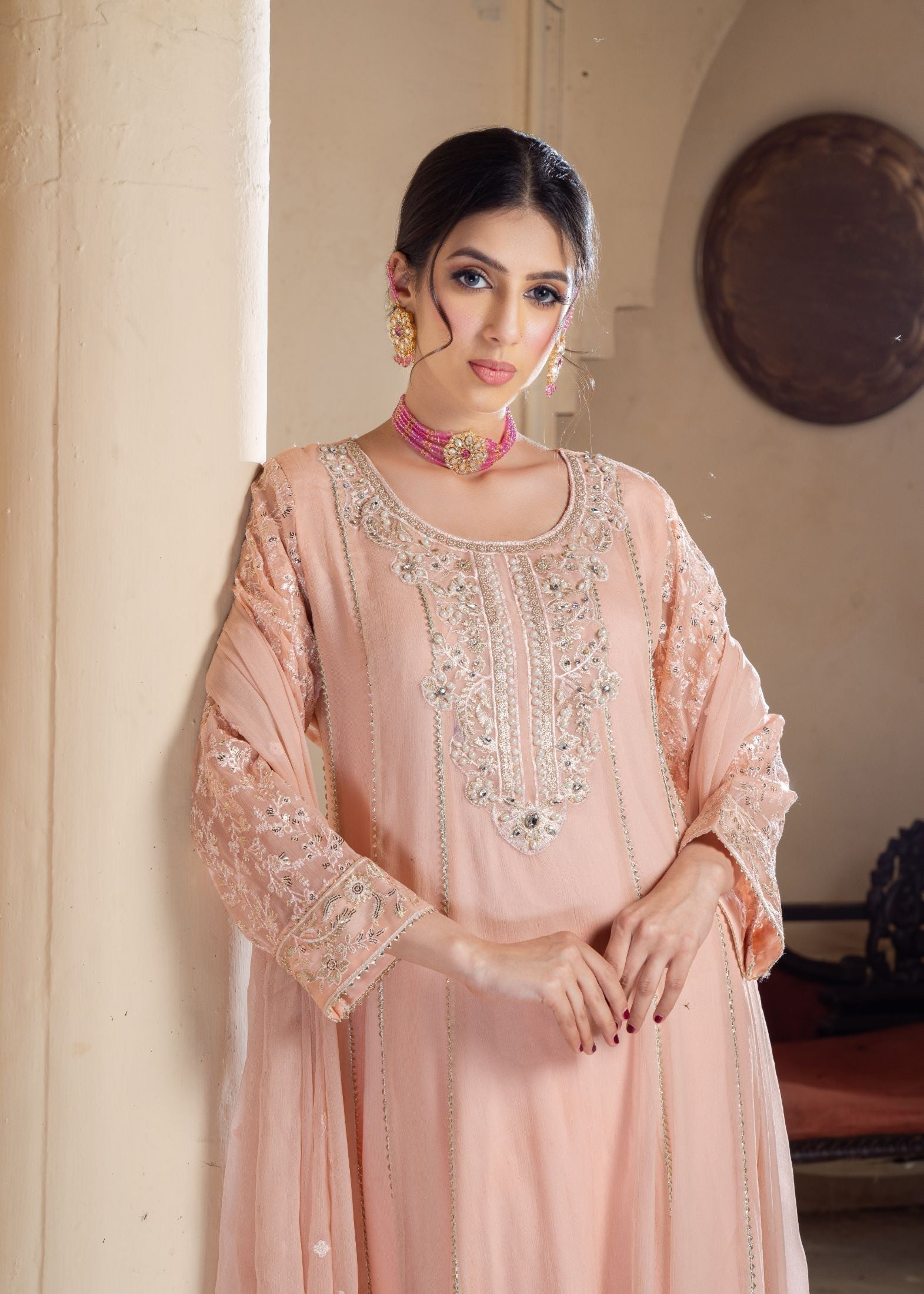 chiffon Anarkali in Peach pink