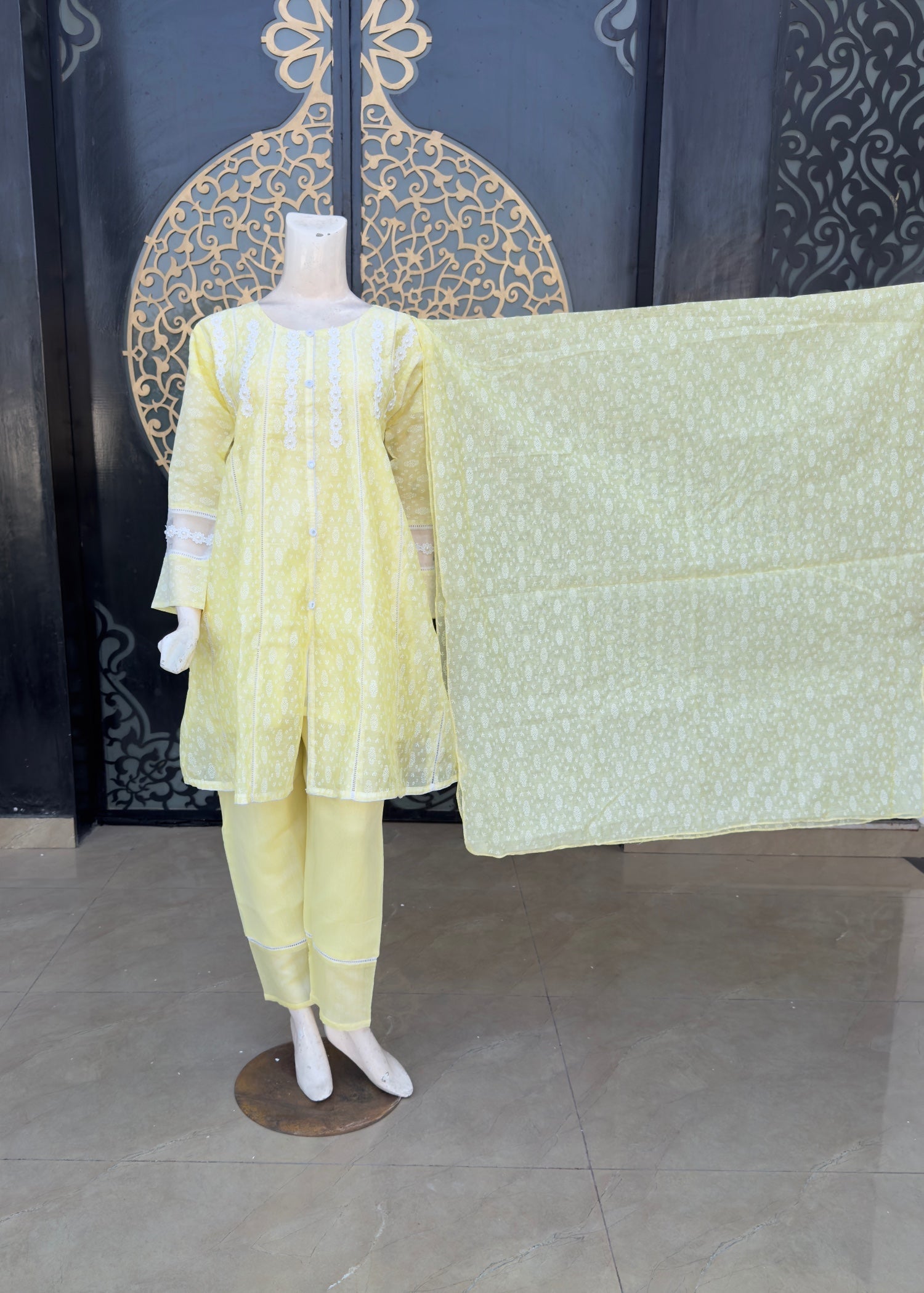 paper lawn Short Frock in Lemon