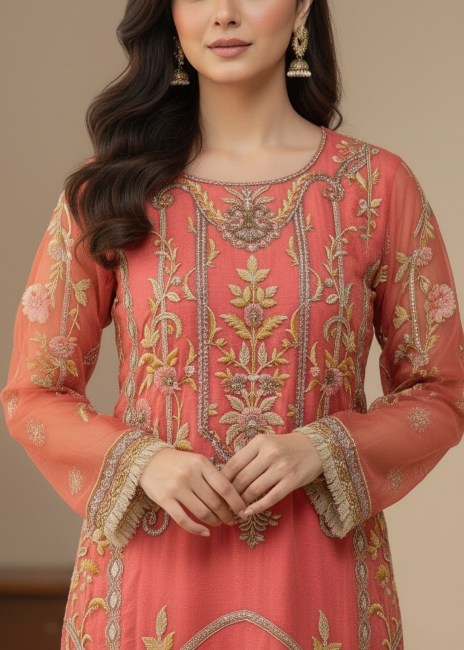 organza Kurta Set in Coral pink