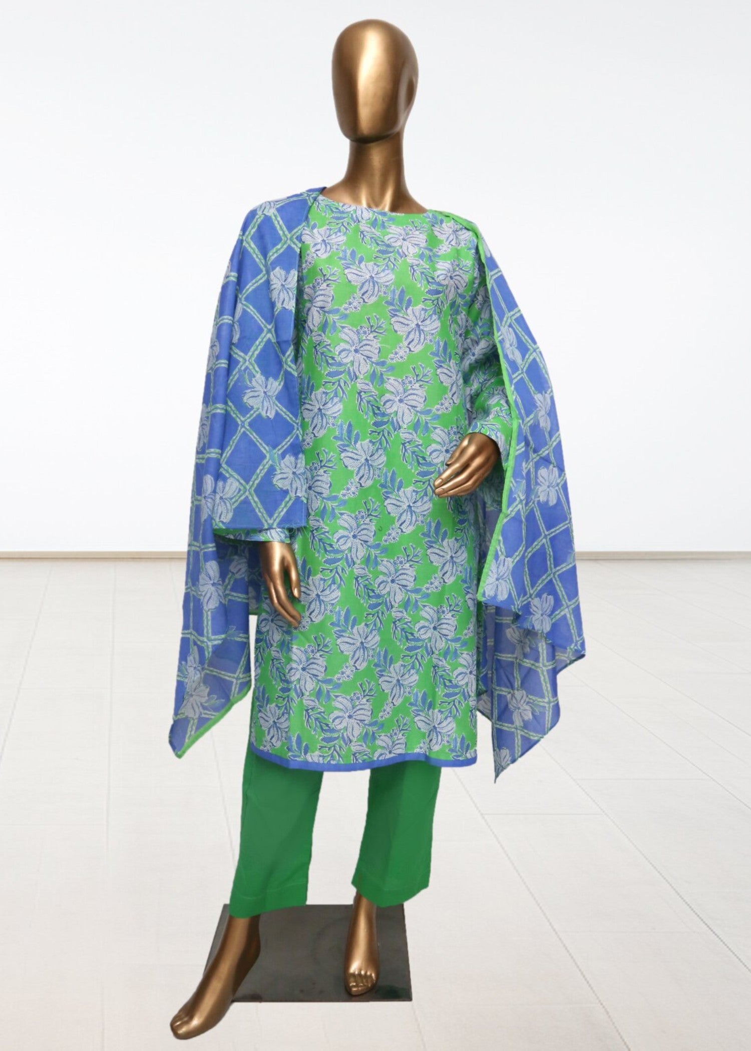 lawn Kurta Set in Cornflower blue, fern green
