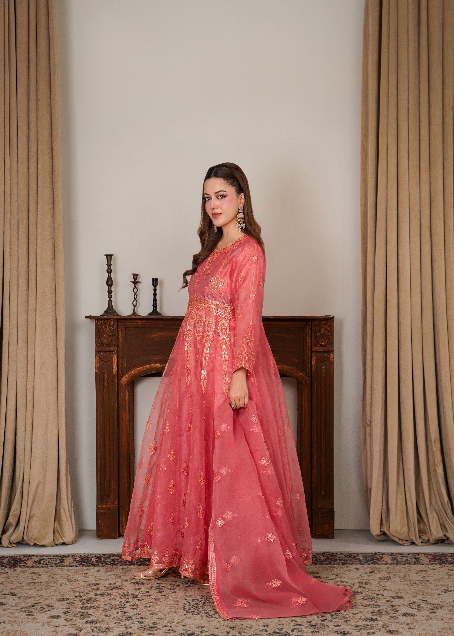 organza Pishwas in Peach pink