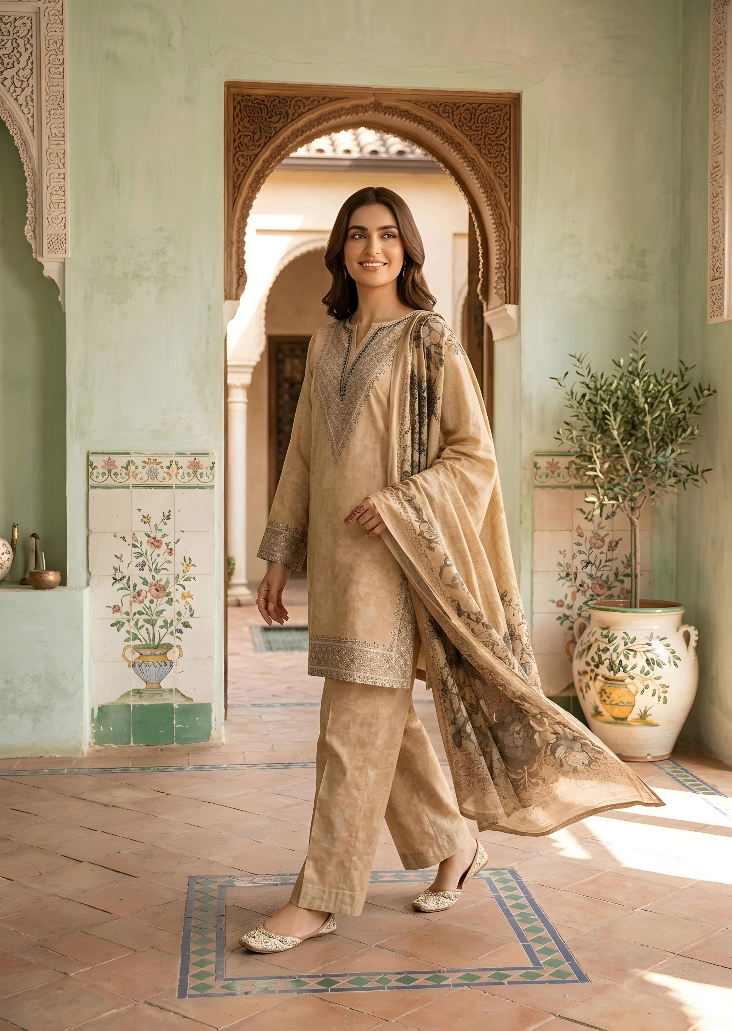 poly lawn Kurta Set in Camel brown