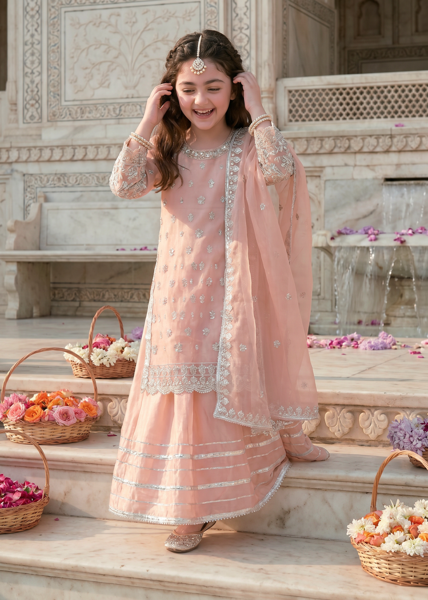 organza Lehenga in Peach pink