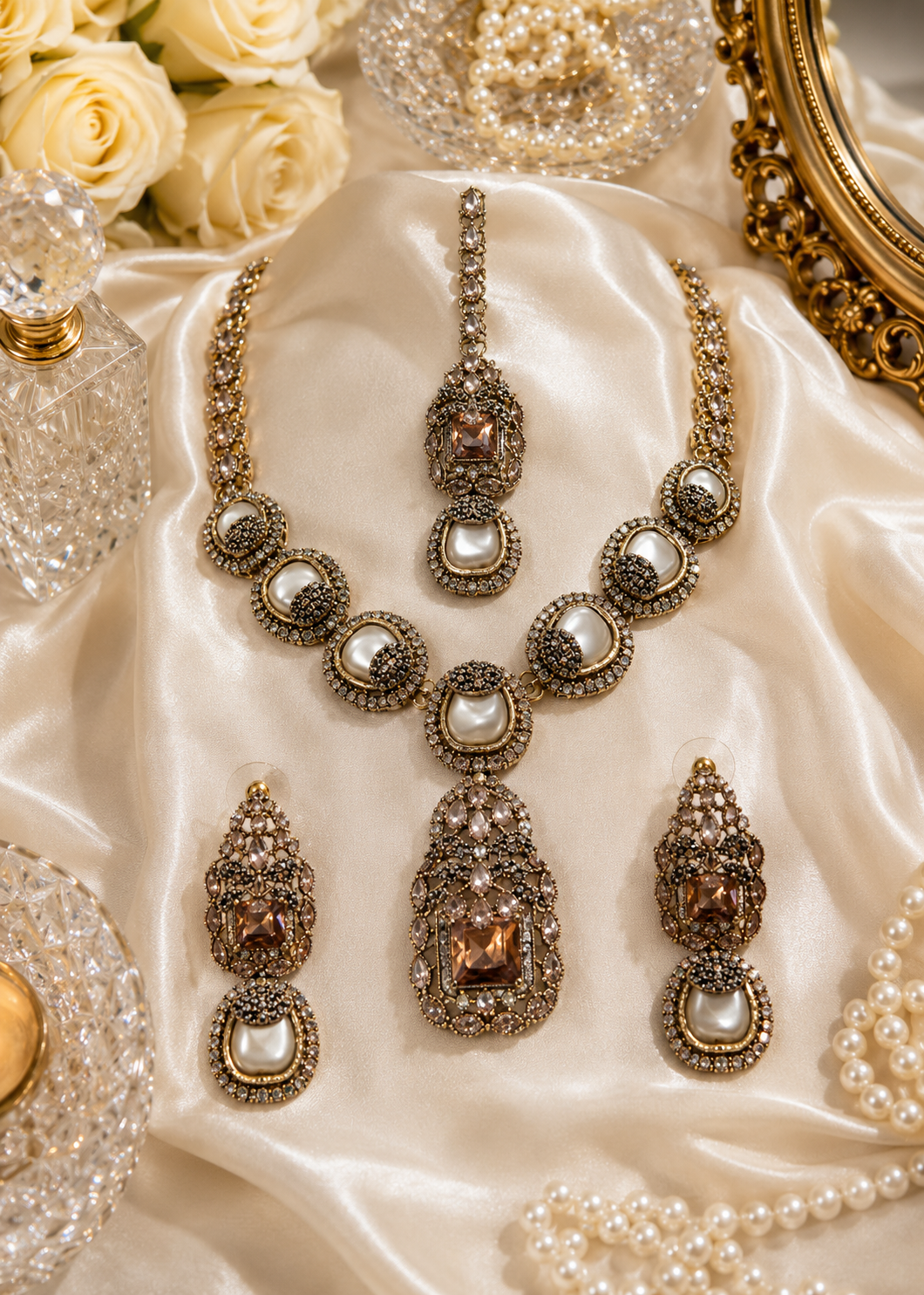 Jewelry Set in Pearl white, champagne Color by - Trendy Women Jewelry Set GFB5852