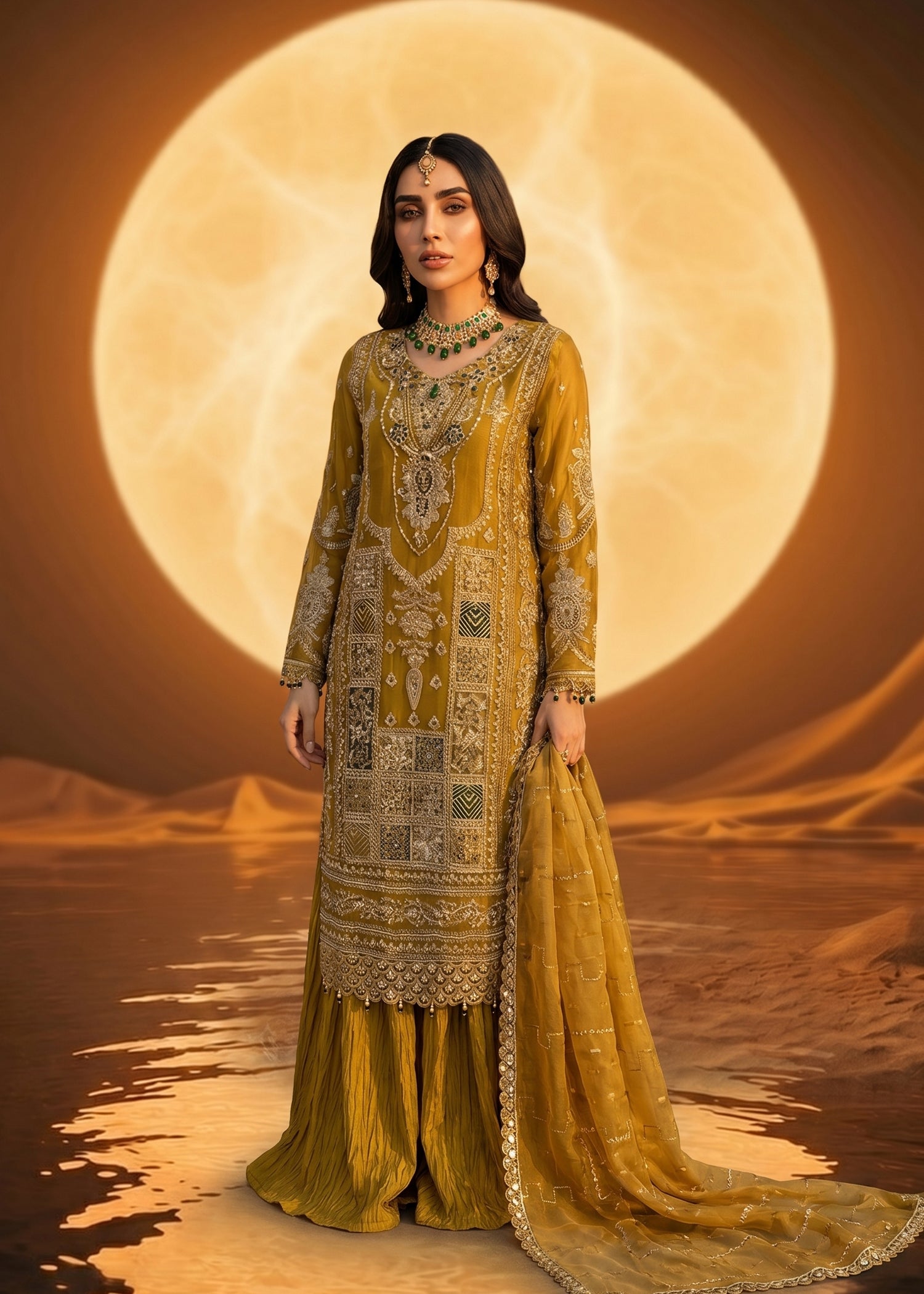 organza Lehenga in Mustard