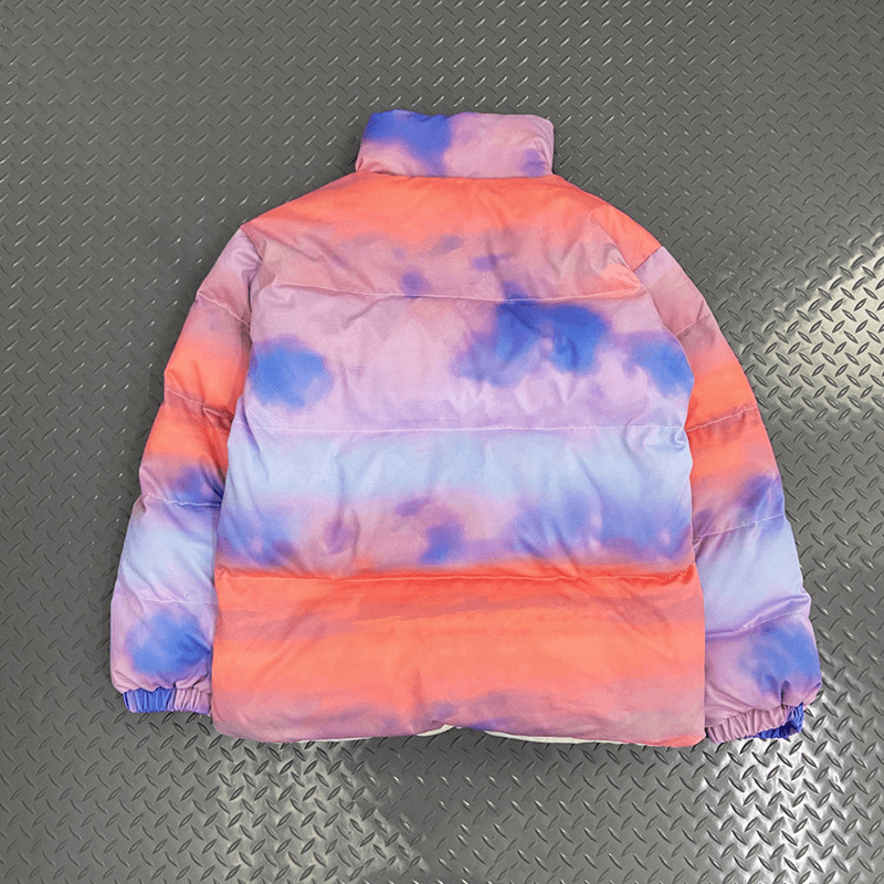 Hand-Filled Cotton Jacket with Printed Gradient Blue Sky and White Cloud Frame Colla