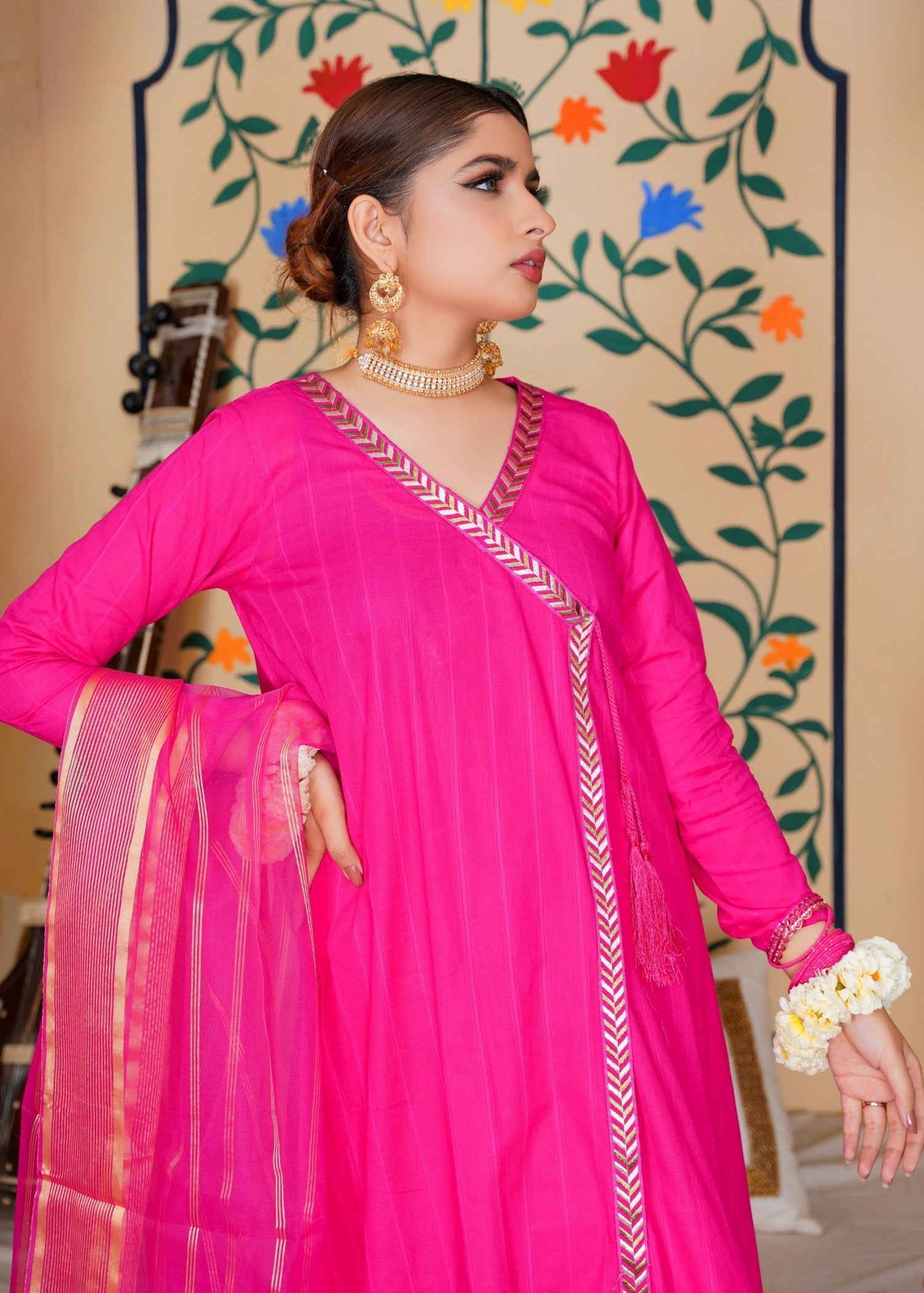 lawn Angrakha in Shocking pink