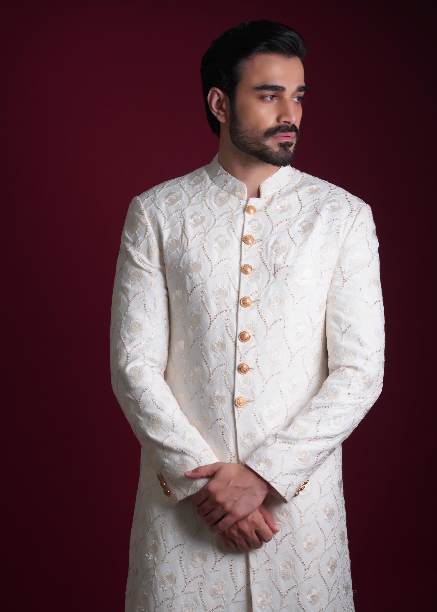 viscose raw silk Sherwani in Off-white