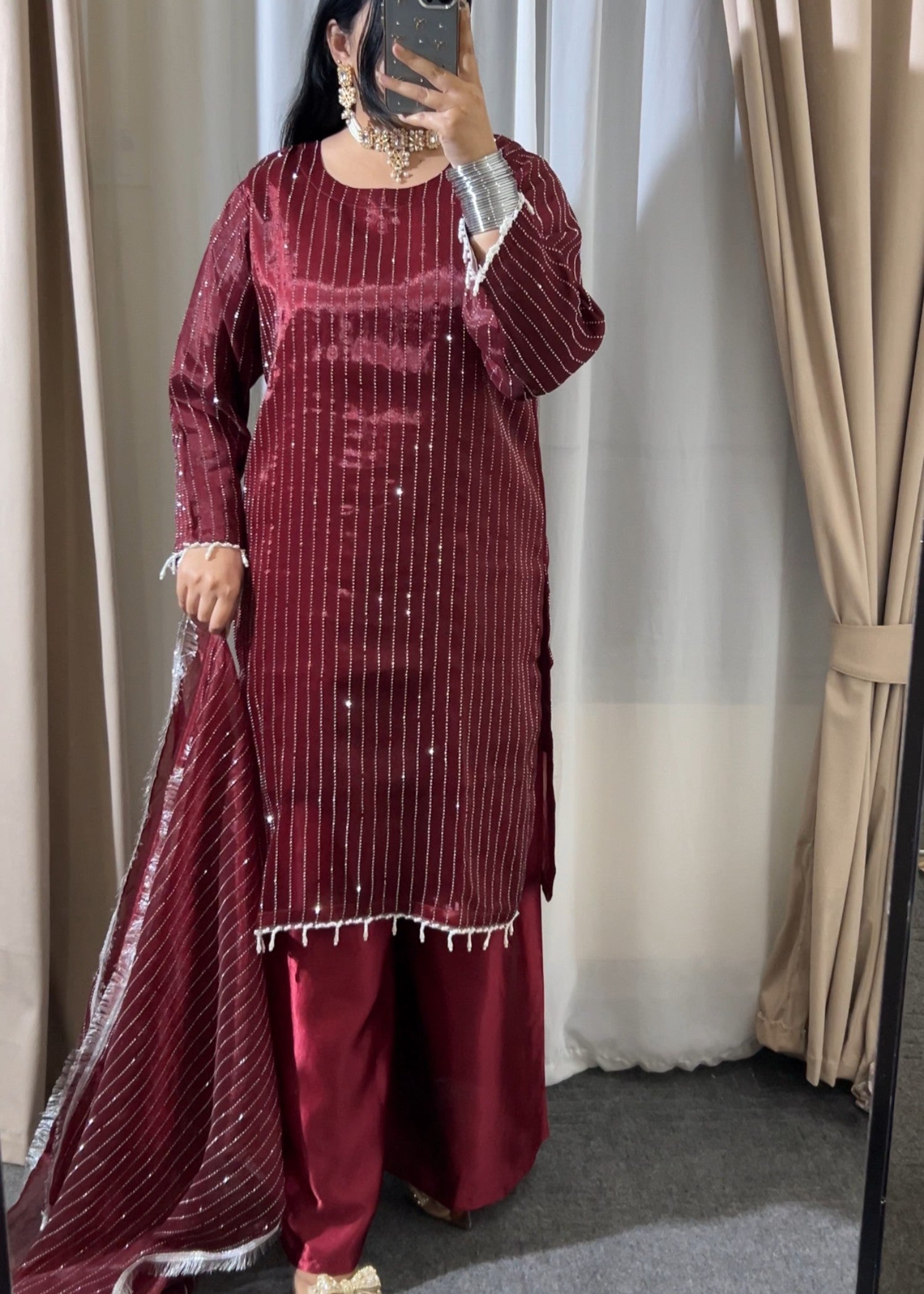crinkle Kurta Set in Maroon