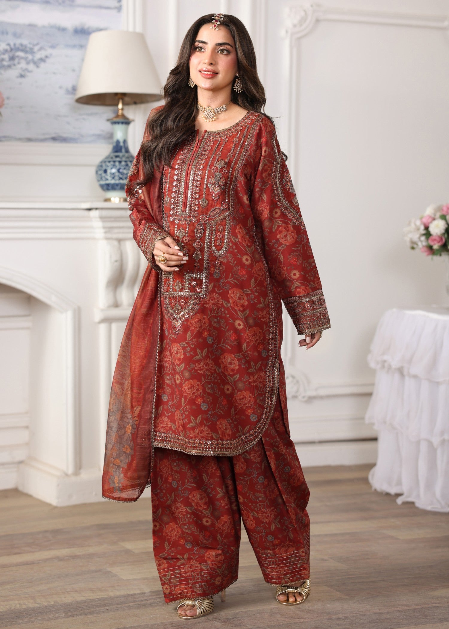 poly lawn Kurta Set in Rustic brown