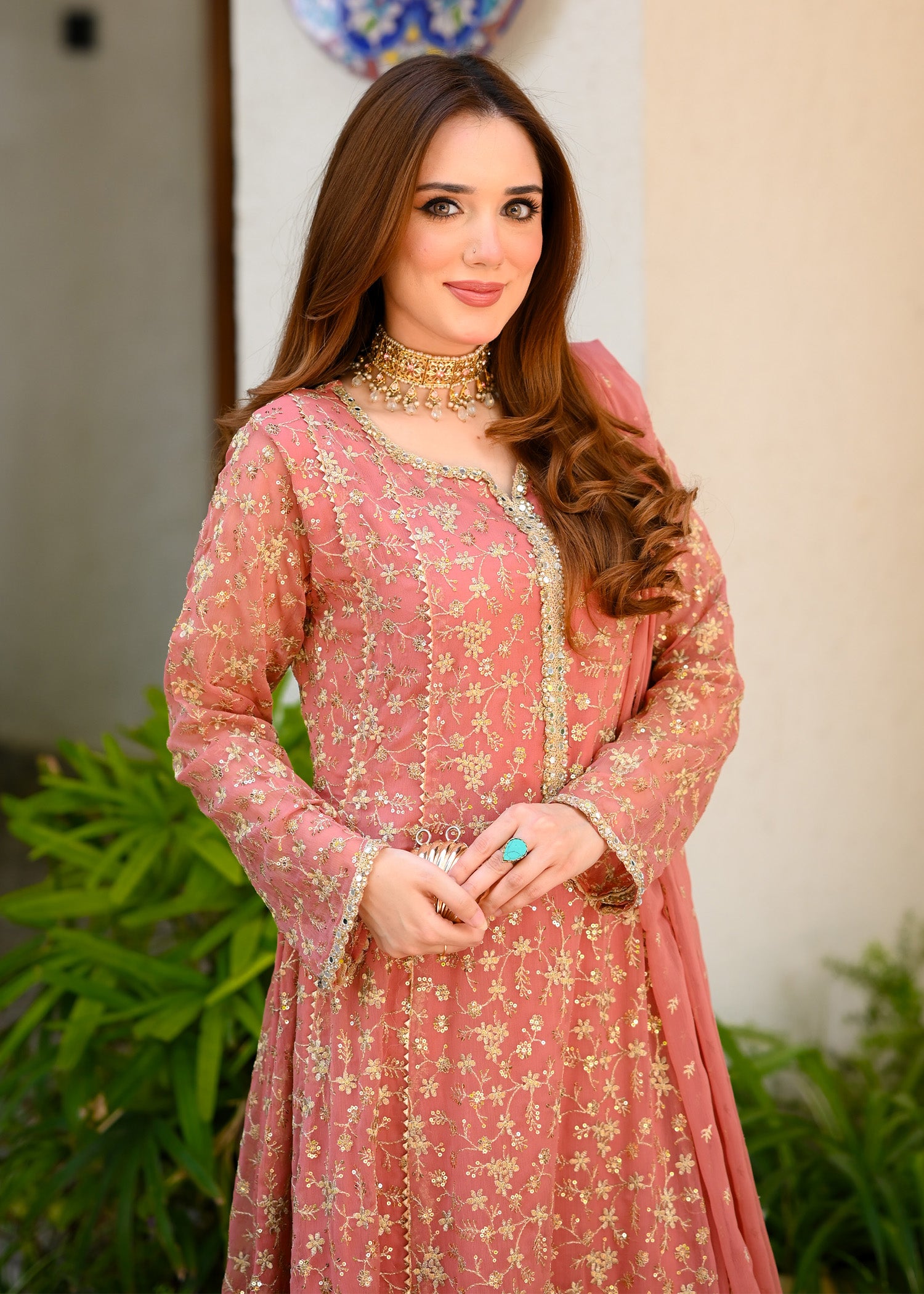 chiffon Pishwas in Coral pink