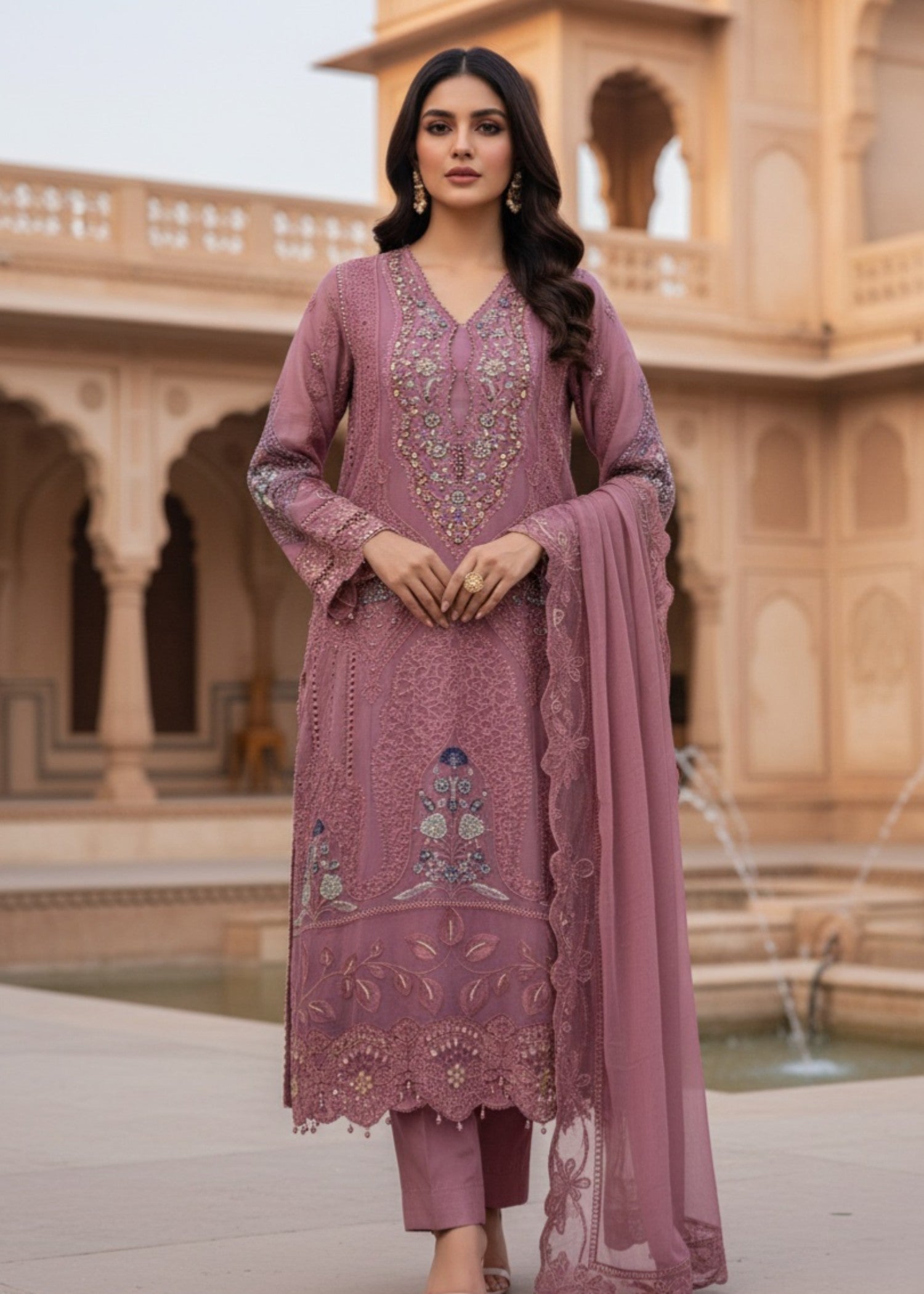 chiffon Kurta Set in Zinnia pink