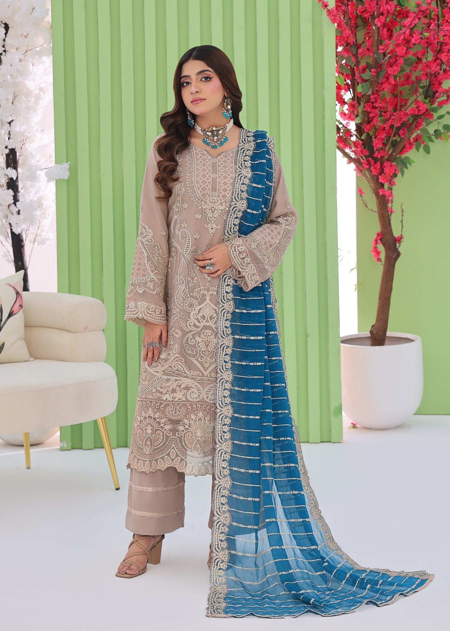 chiffon Kurta Set in Beige
