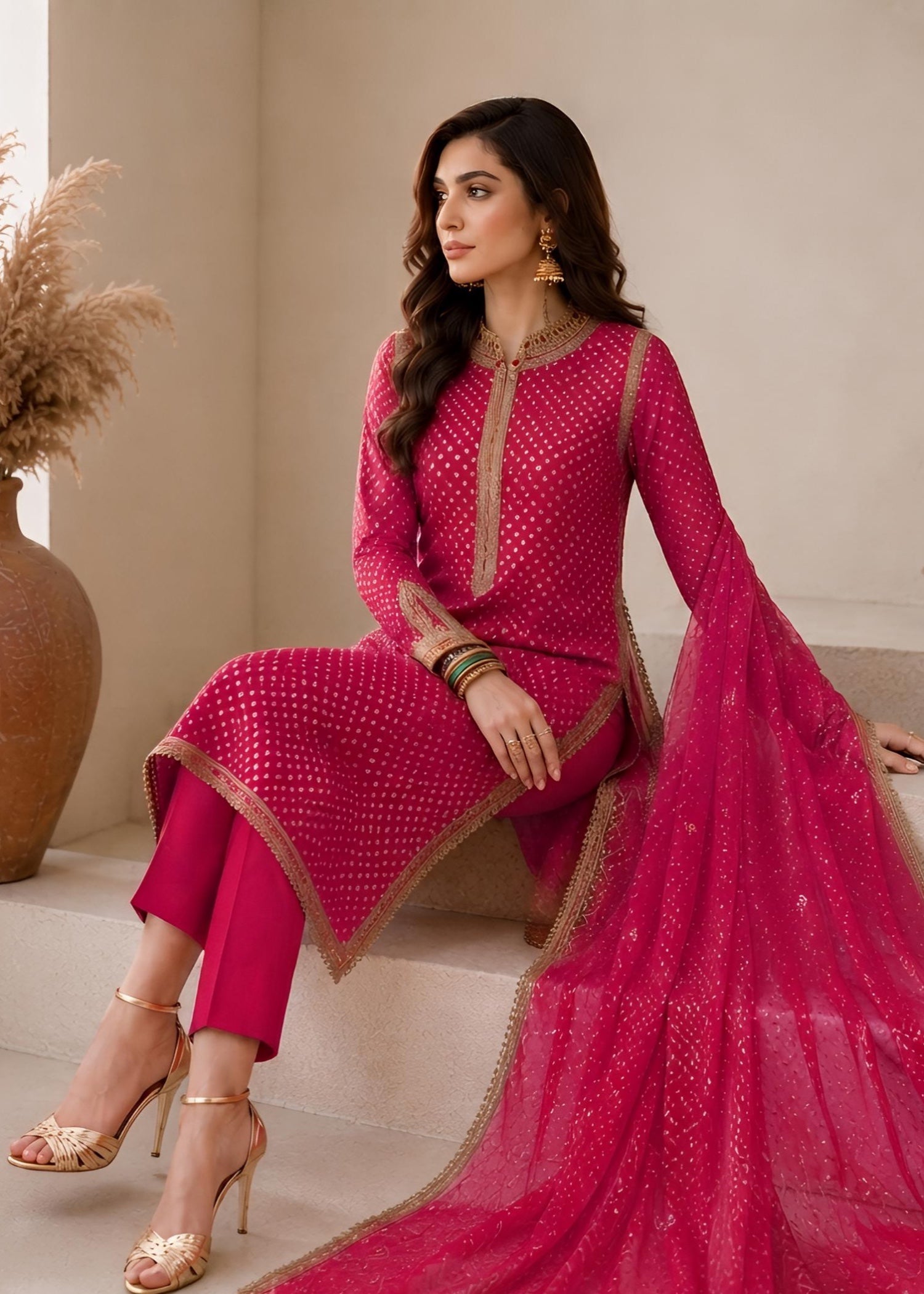 swiss lawn Kurta Set in Hot pink