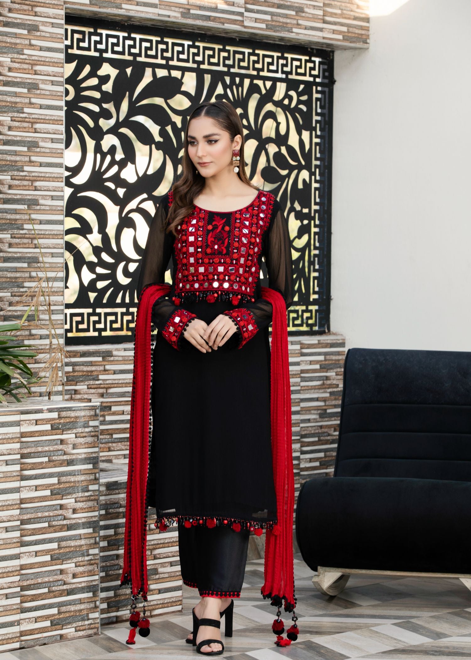 crinkle Kurta Set in Black