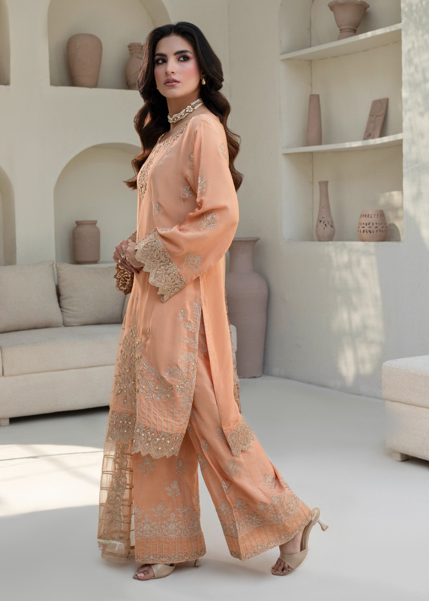 pure silk Kurta Set in Peach pink