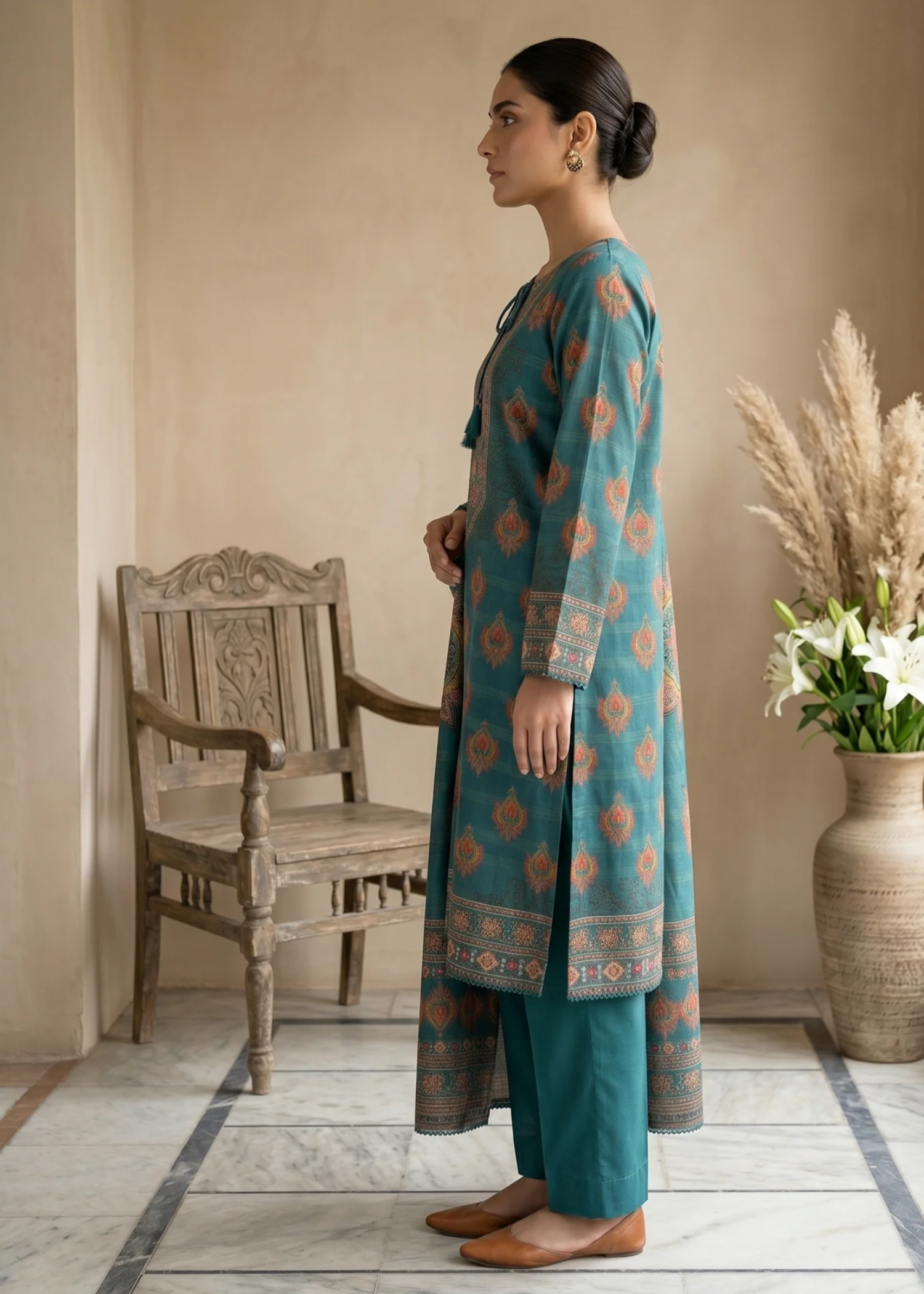 lawn Kurta Set in Hunter green