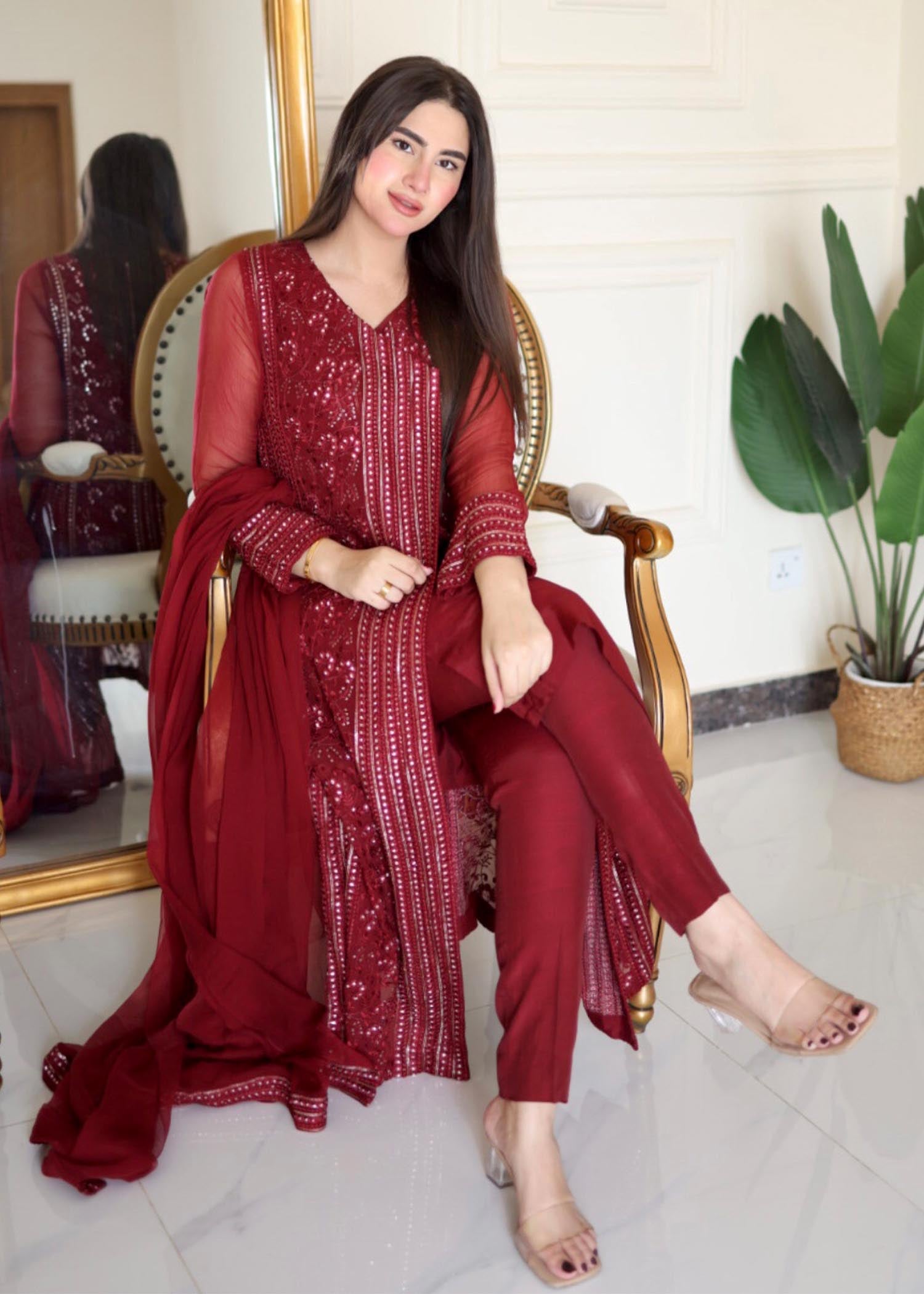 chikankari cotton Angrakha in Maroon