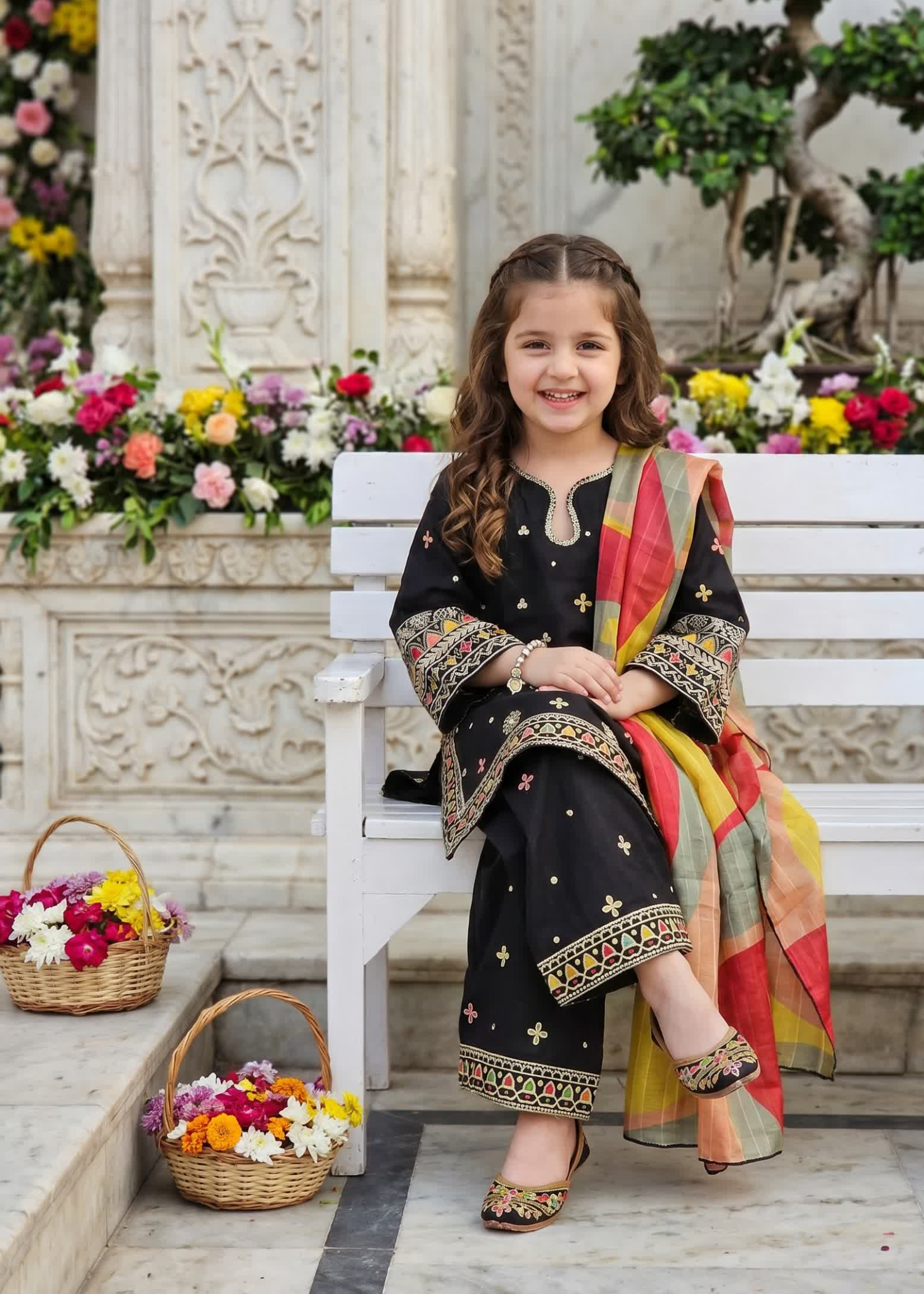 lawn Kurta Set in Black, multi