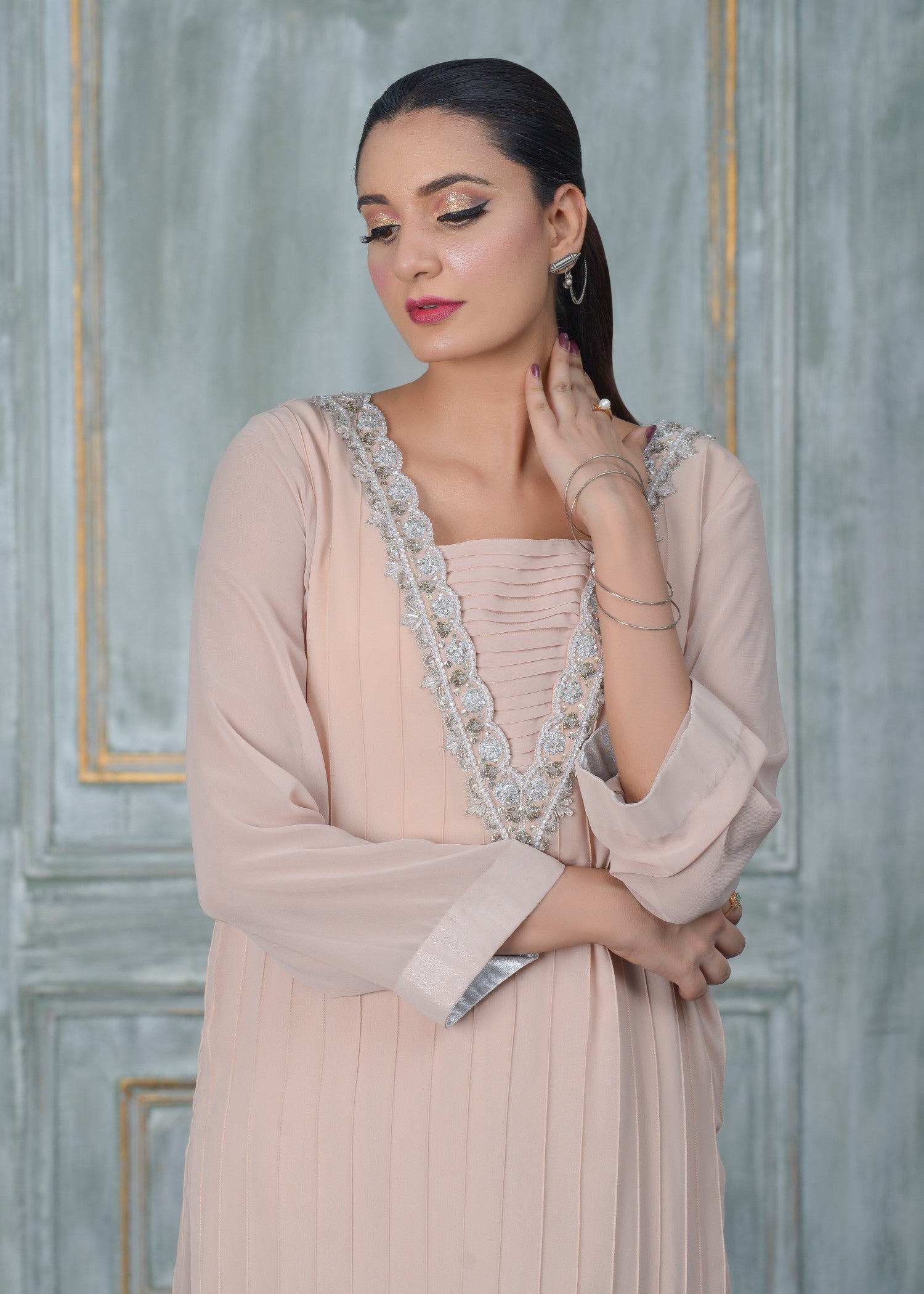 georgette chiffon Kurta Set in Peach pink