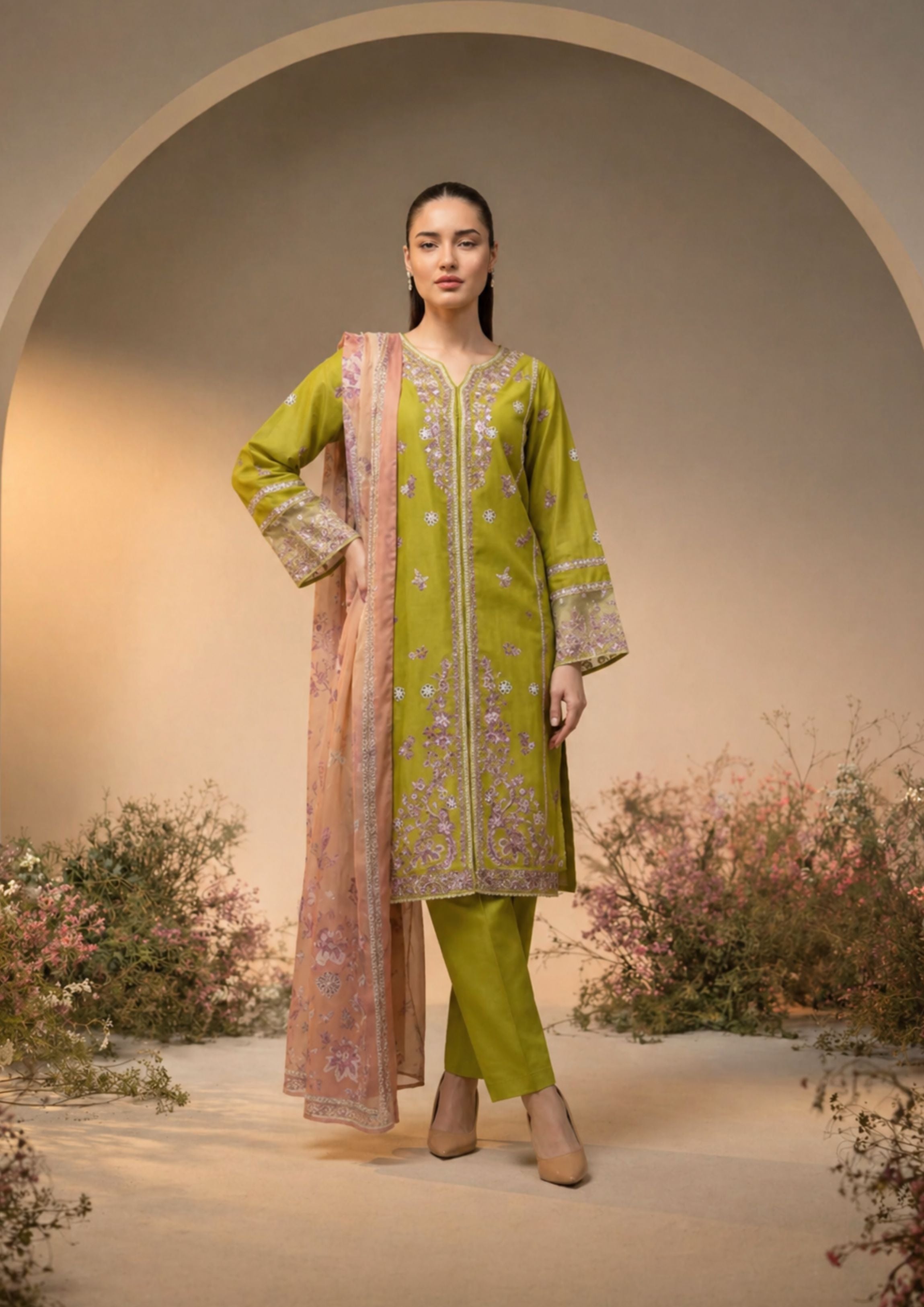 lawn cotton Kurta Set in Olive green