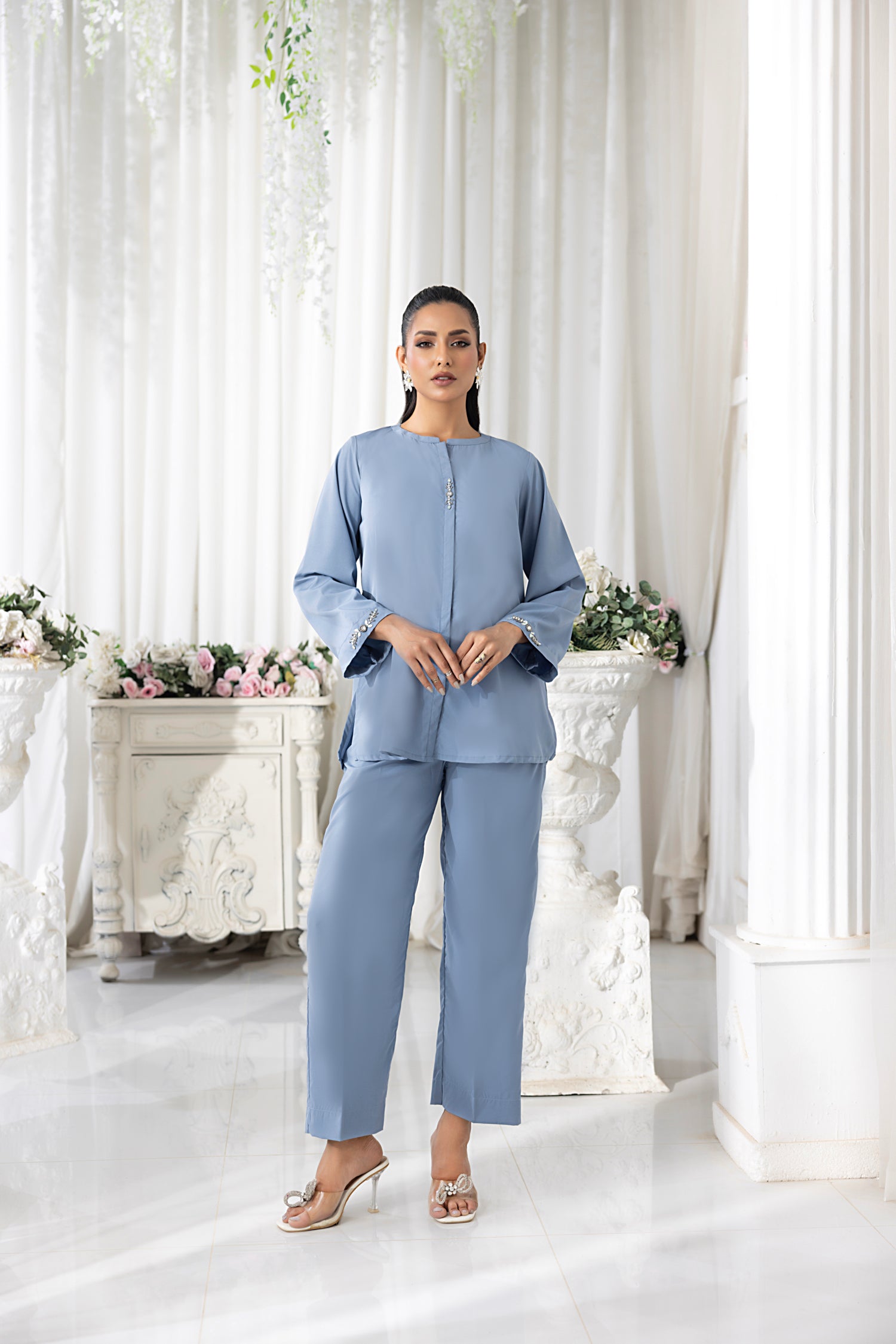 crepe Co ord Sets in Cornflower blue