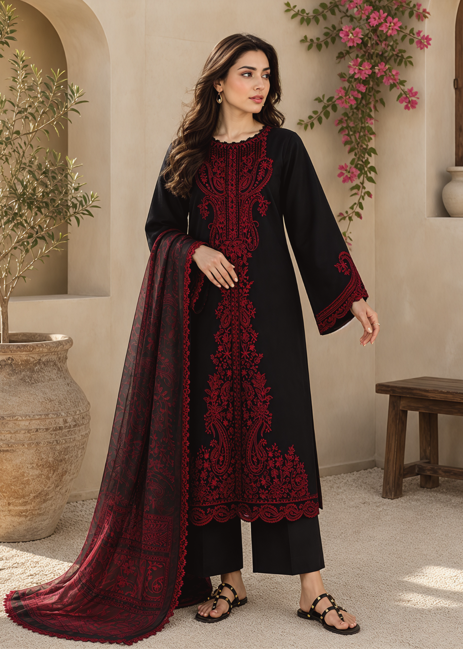 linen Kurta Set in Black, maroon