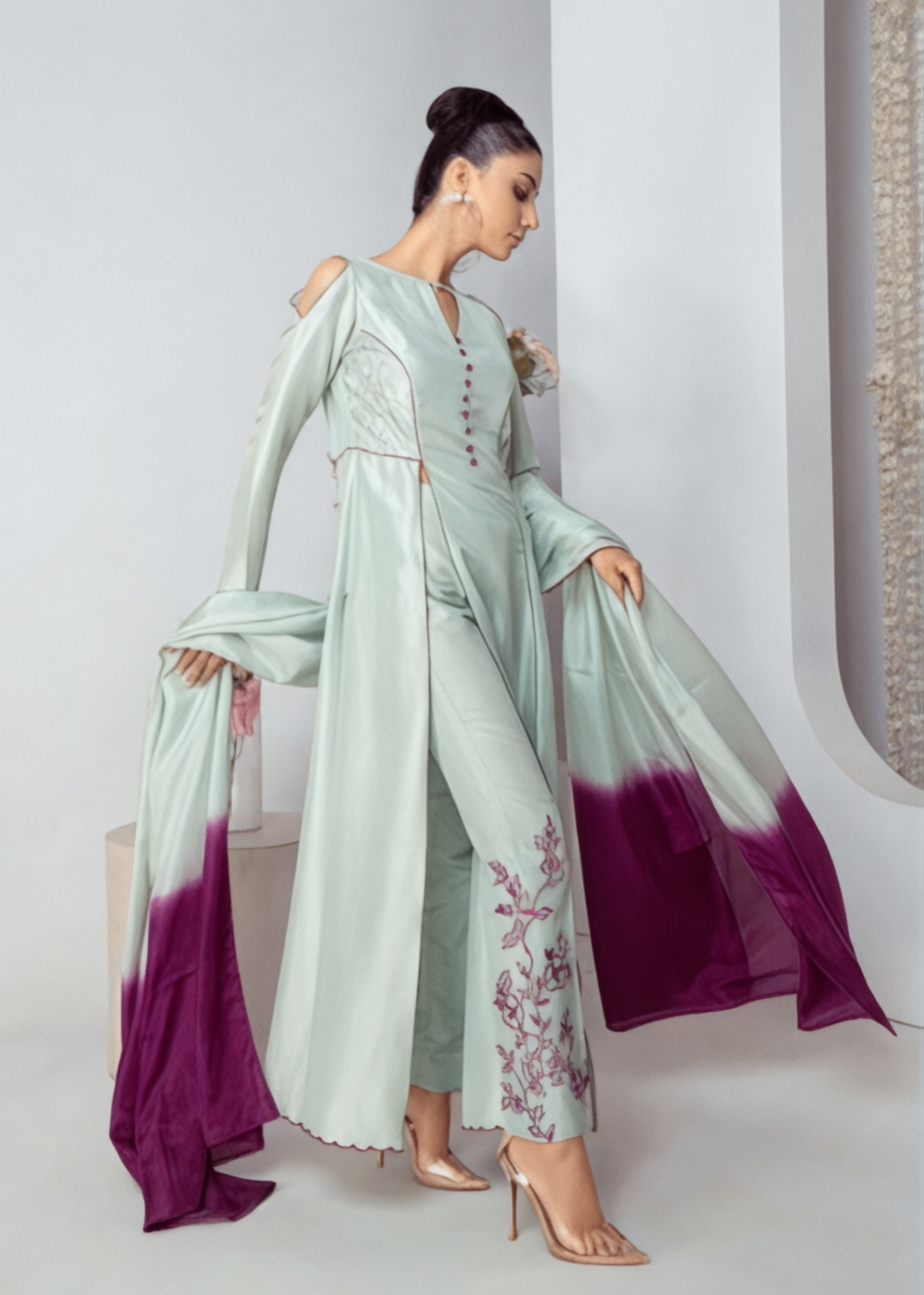 raw silk Kurta Set in Light cyan