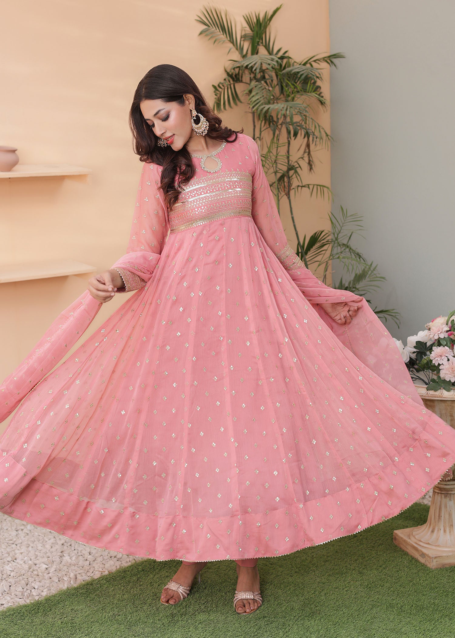 silk Anarkali in Pink