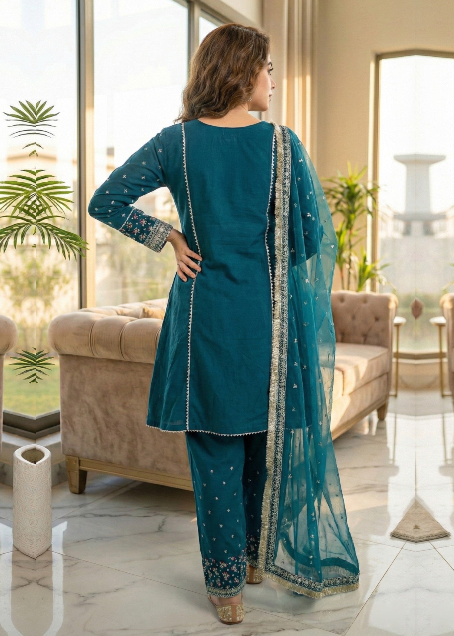 raw silk Short Frock in Teal