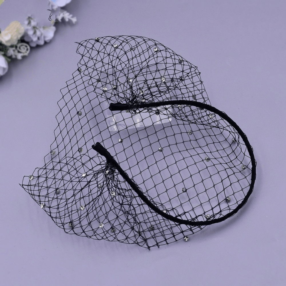 Rhinestone Veil and Mesh Headband, Black and White Bridal Headwear